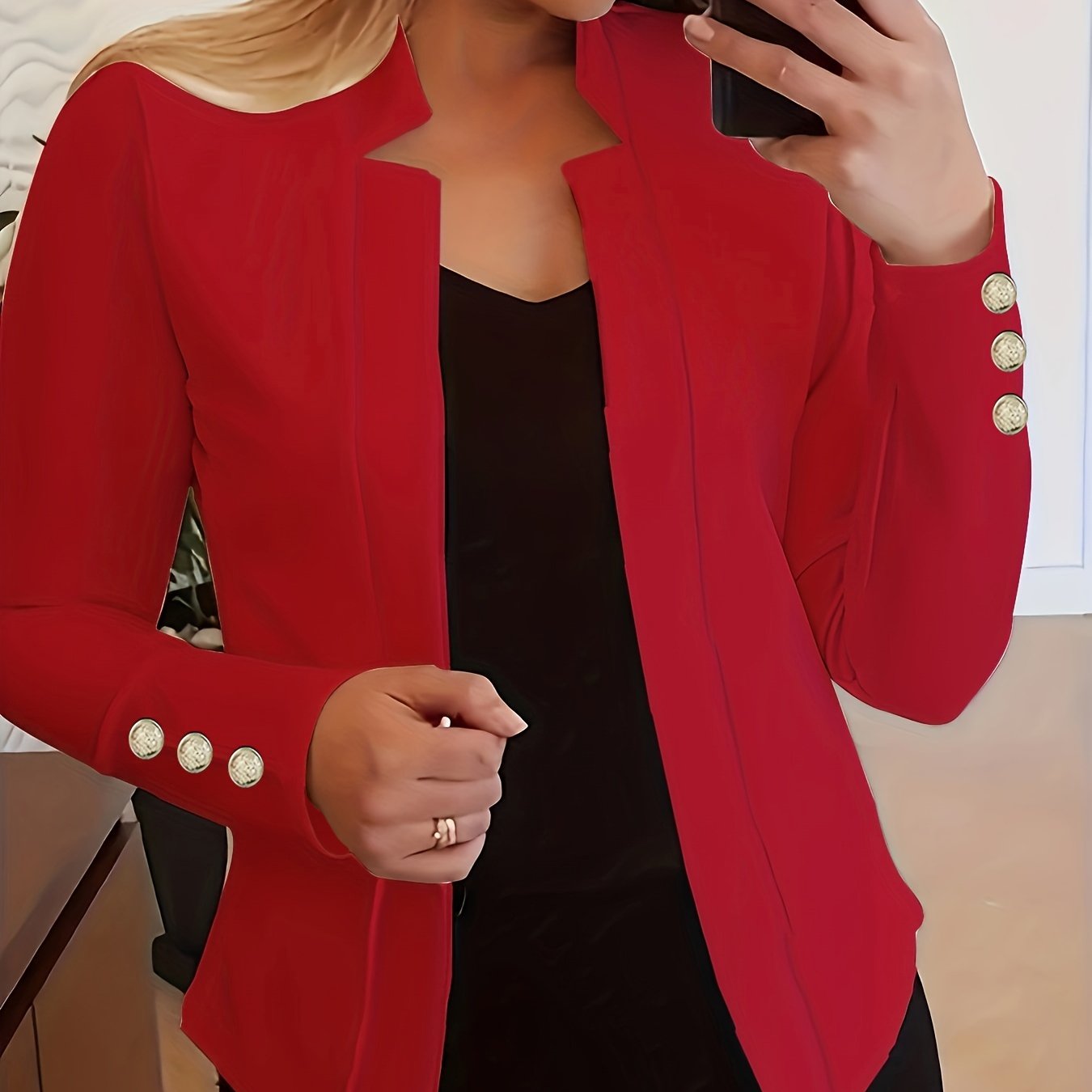 Solid Open Front Button Decor Blazer, Elegant Long Sleeve Blazer.