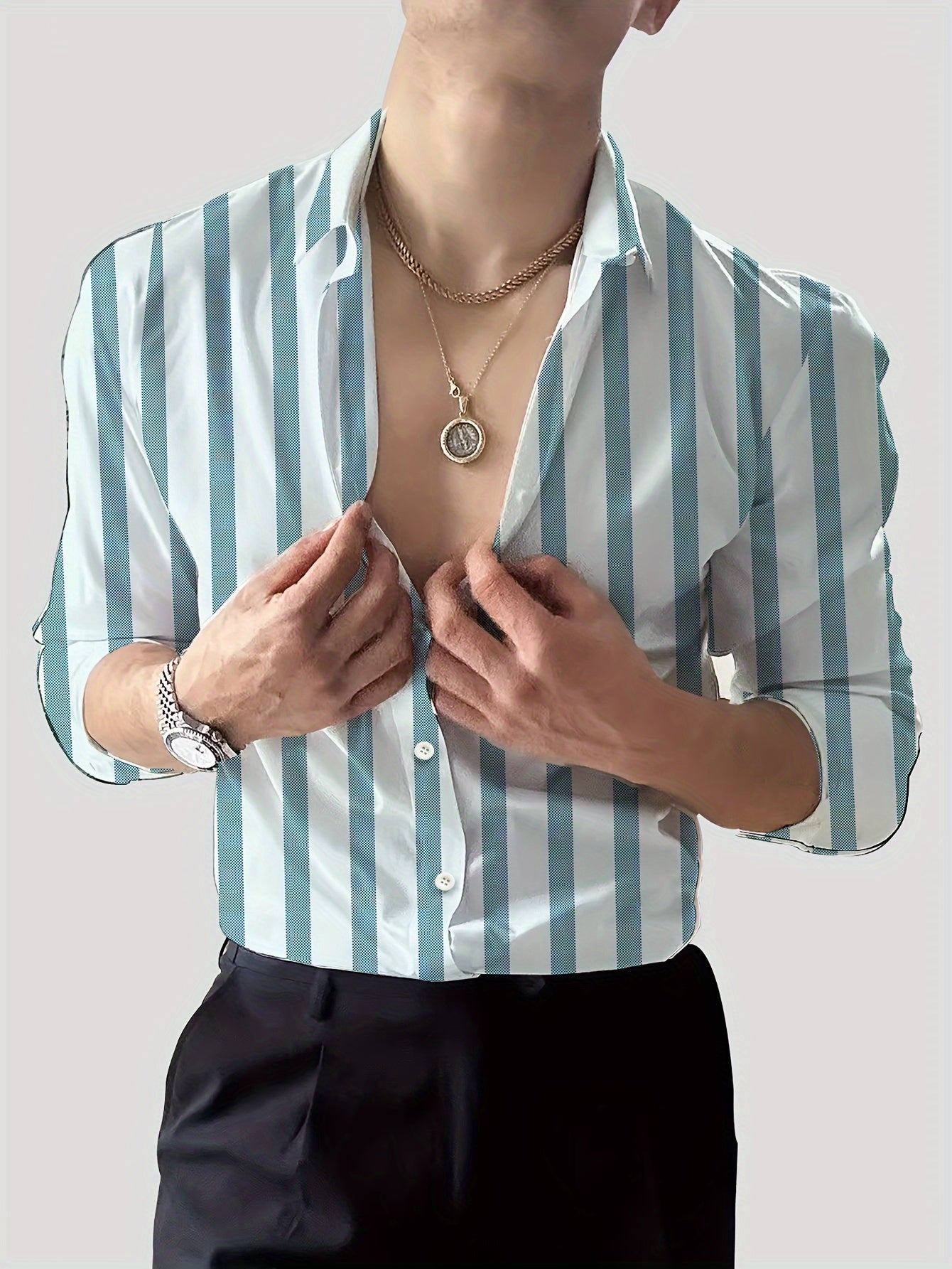 Men's Striped Lapel Collar Dress Shirts, Long Sleeve .