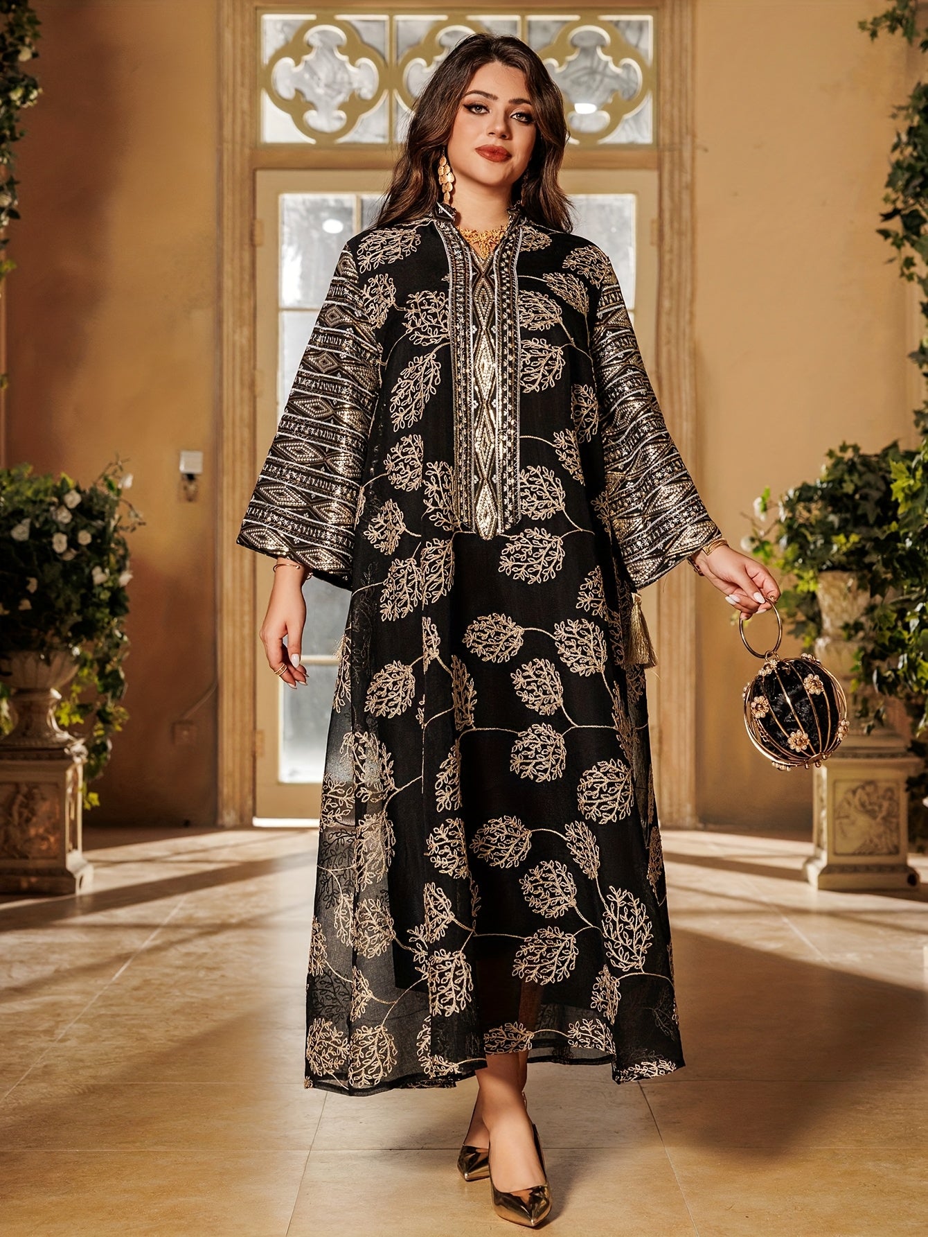 Elegant Black & Golden Decorated Kaftan for Women - ./MH