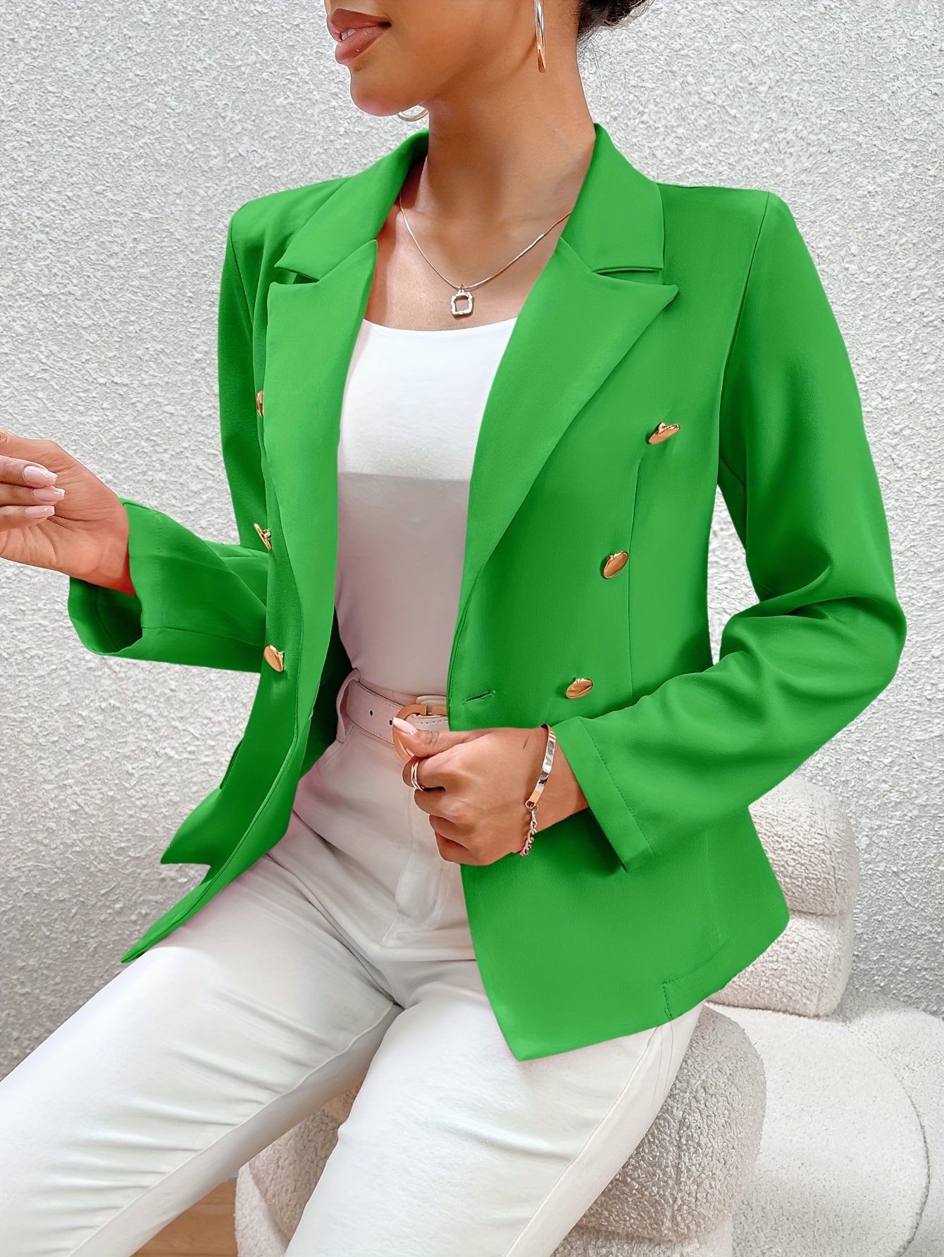 Solid Color Open Front Blazer, Elegant Lapel Neck Double Breasted.