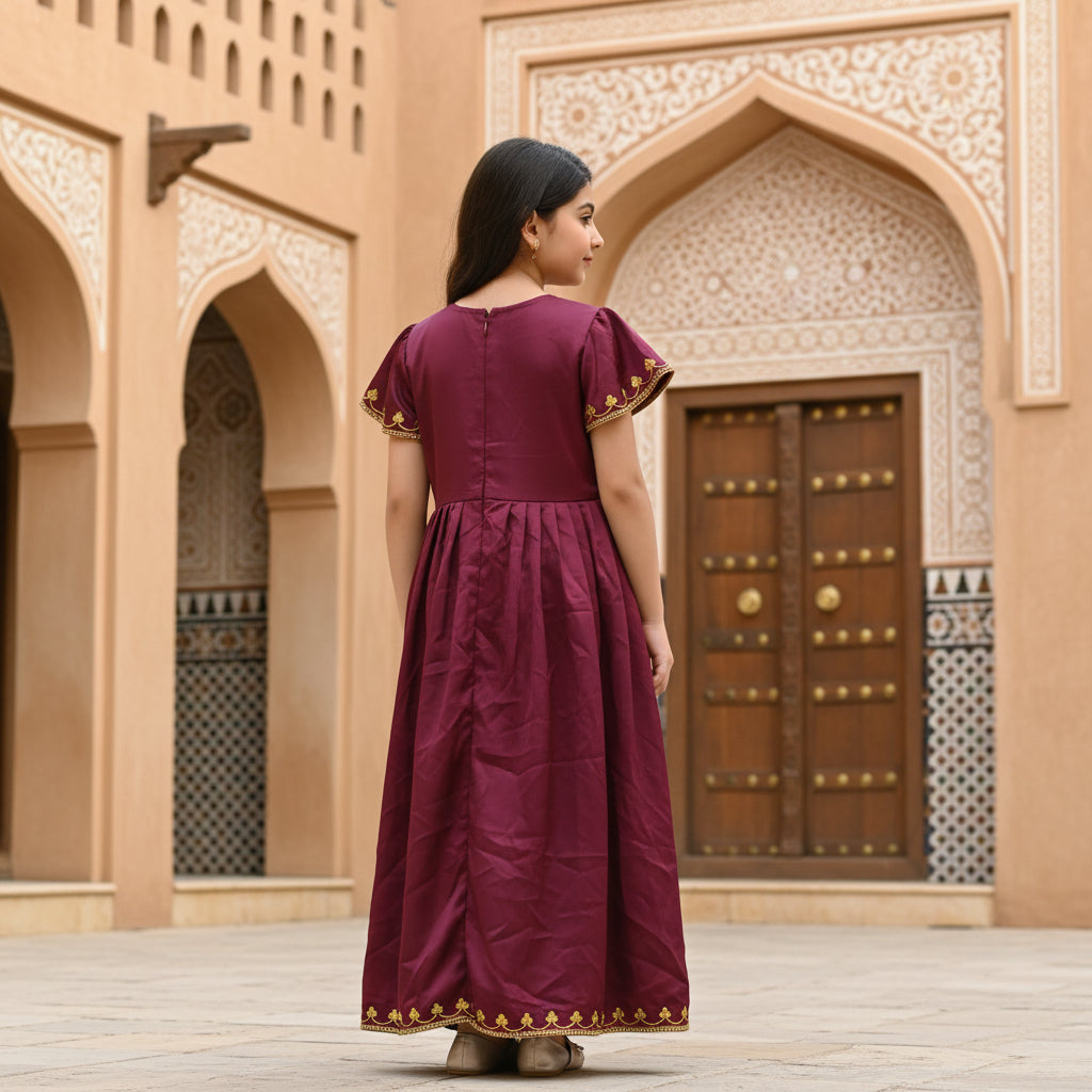 Omani Traditional Maroon Gold Embroidered Girls Dress - Heritage Collection | (Age 6 Years) | MH