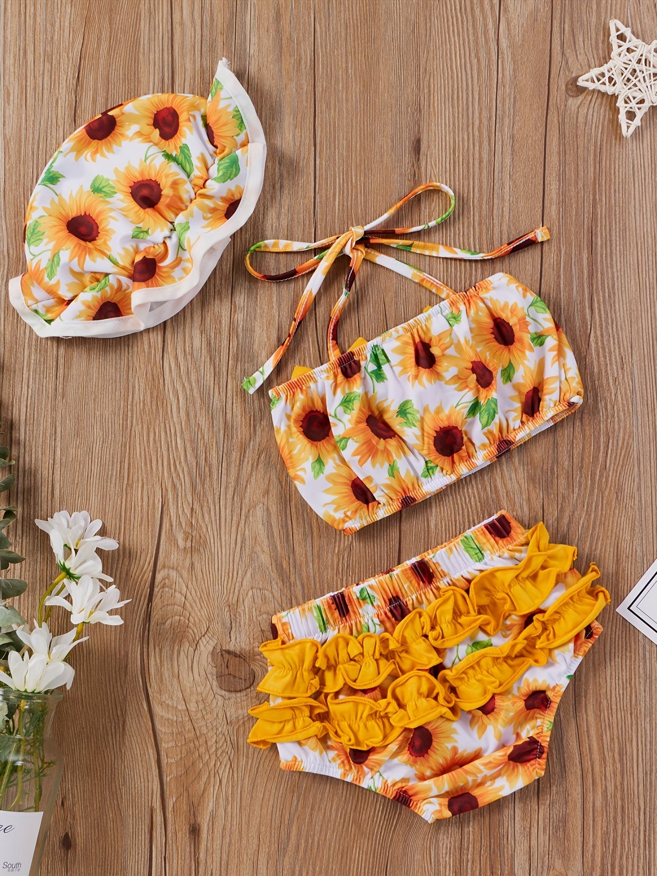 3pcs Baby Girls Bikini Tankini Swimsuit Sunflower Graphic Bow .