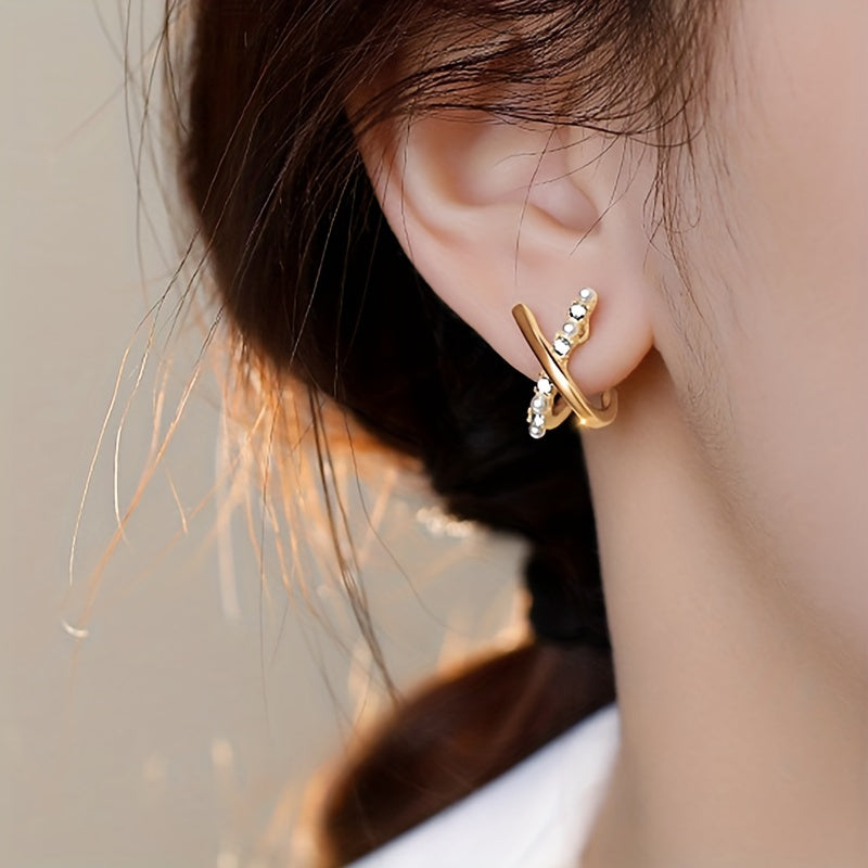 Tiny Delicate X Design Stud Earrings Zinc Alloy Jewelry Embellished With Imitation Pearl Elegant Simple Style For Women Daily Casual