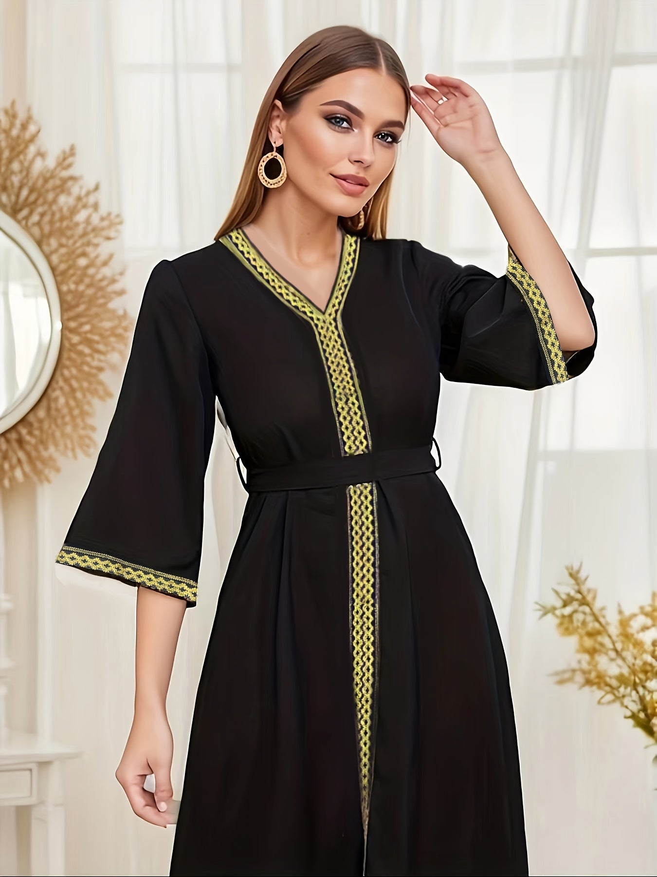 Ramadan Contrast Trim V-neck Kaftan Dress, Elegant Bell Sleeve 'MH