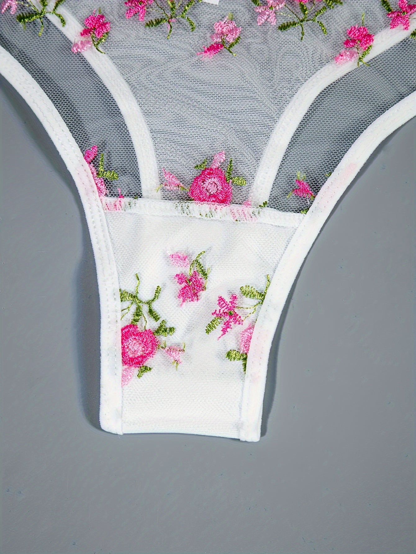 1 Set Floral Embroidery Lingerie Set, Mesh Semi Sheer Bra & Panties,/MH