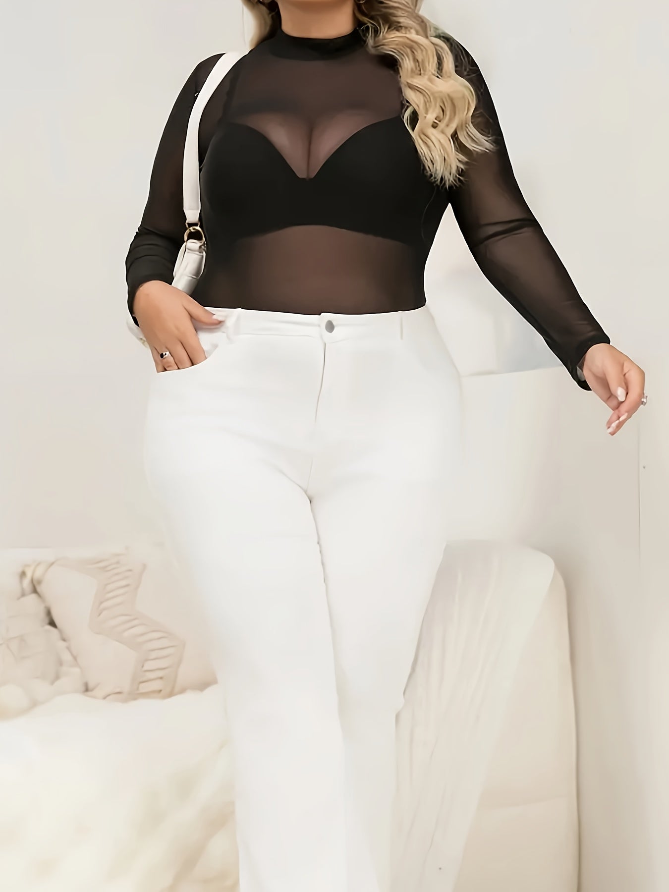 Elegant Plus Size Women's Sheer Mesh Long Sleeve ,/MH
