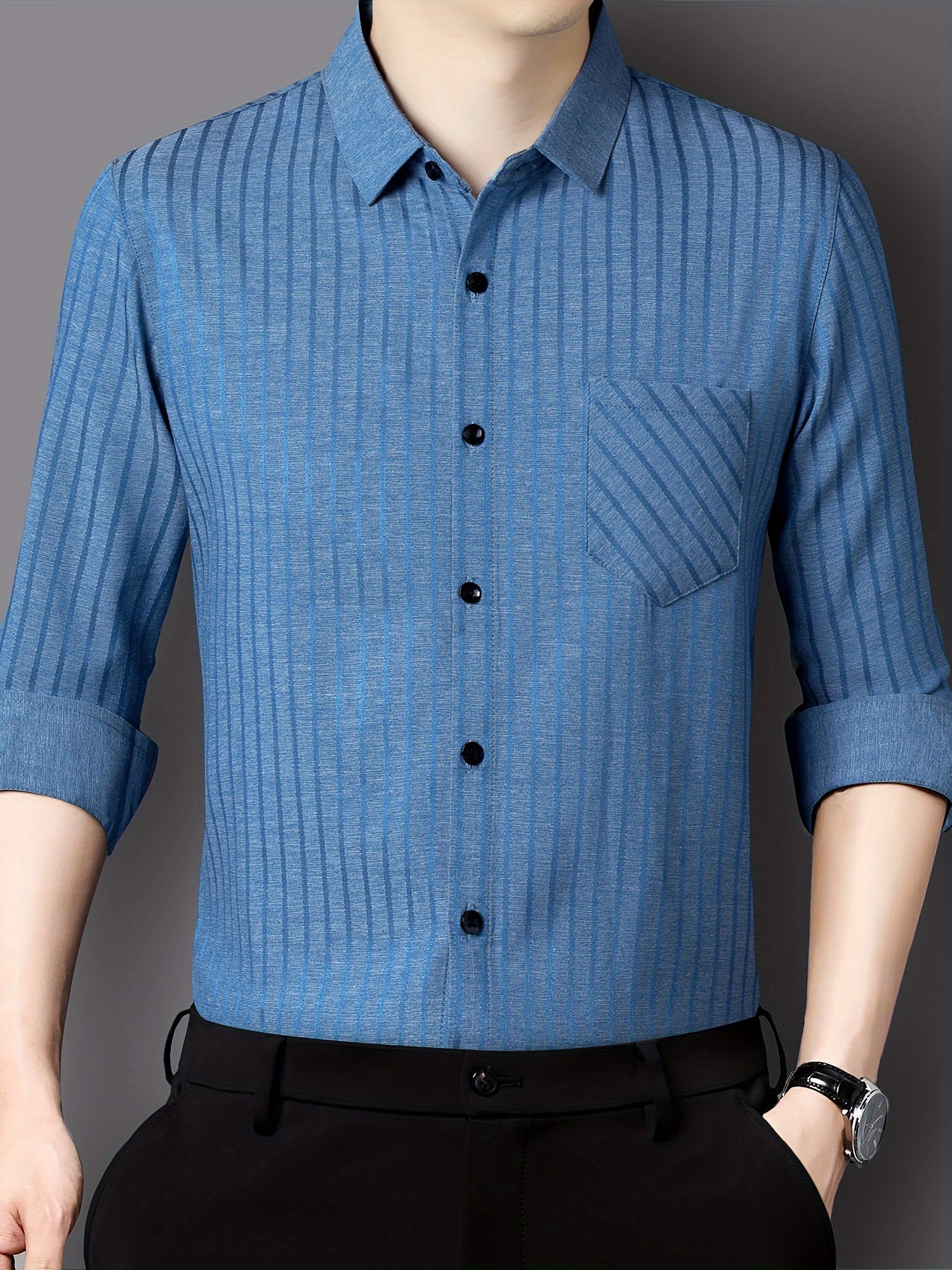 Men's Striped Lapel Collar Design Dress Shirts, Long Sleeve.