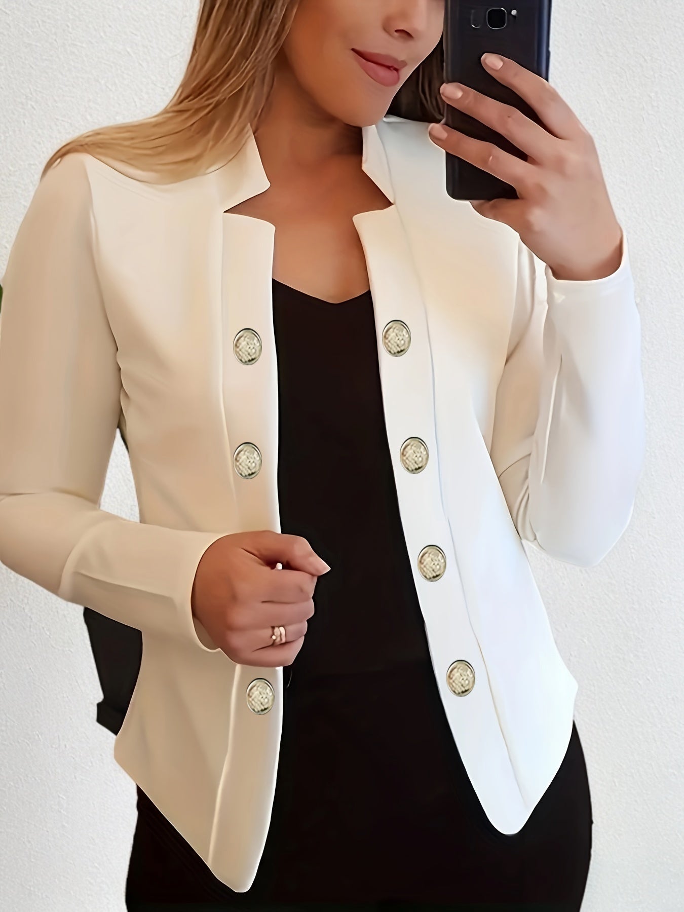 Button Decor Open Front Blazer, Casual Long Sleeve.