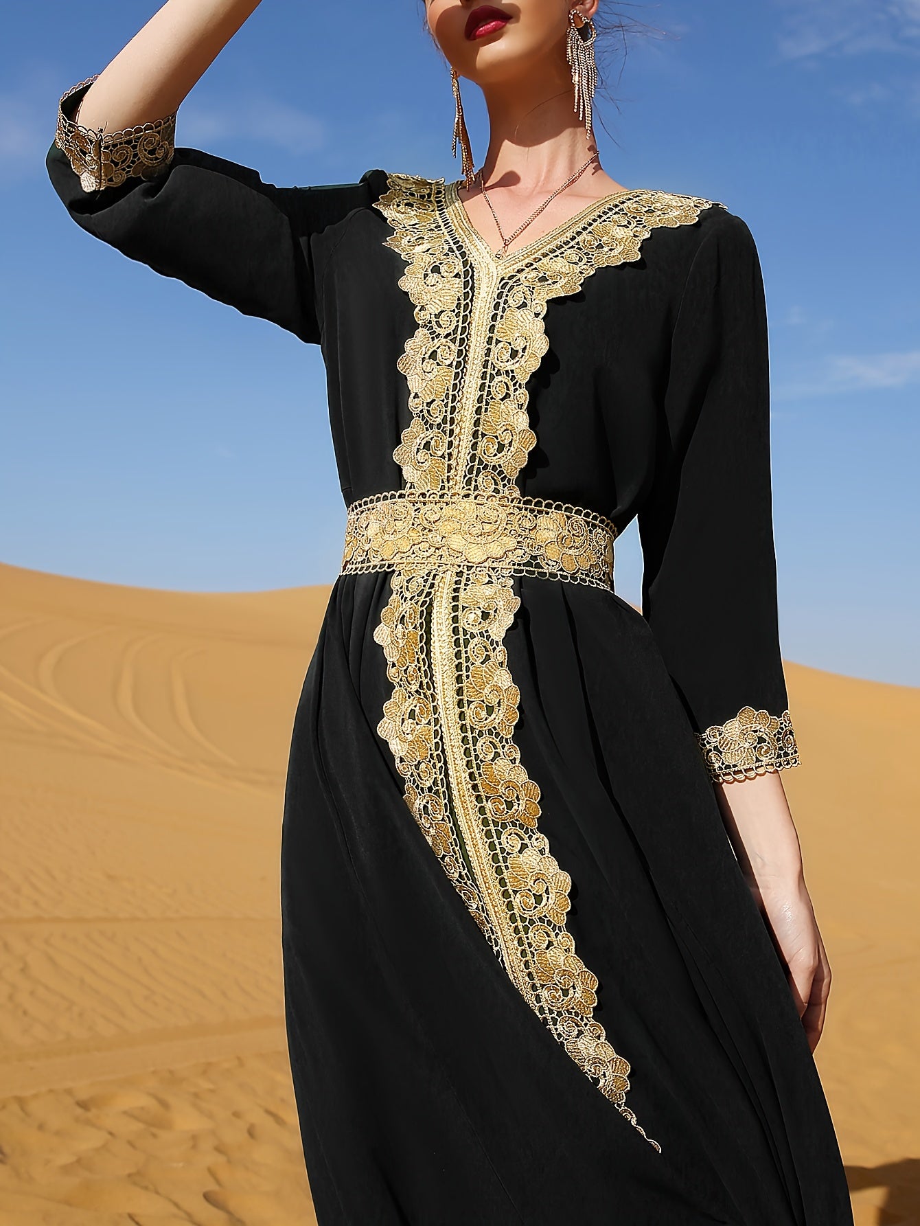 Ramadan Lace Trim V Neck Kaftan, Elegant Long Sleeve 'MH