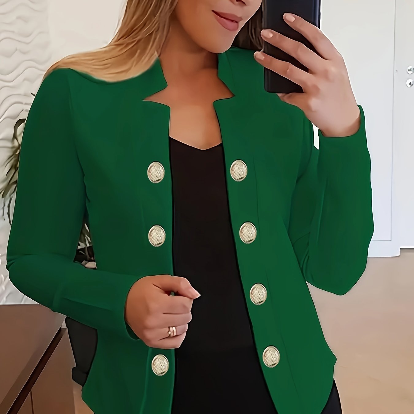Button Decor Open Front Blazer, Casual Long Sleeve.