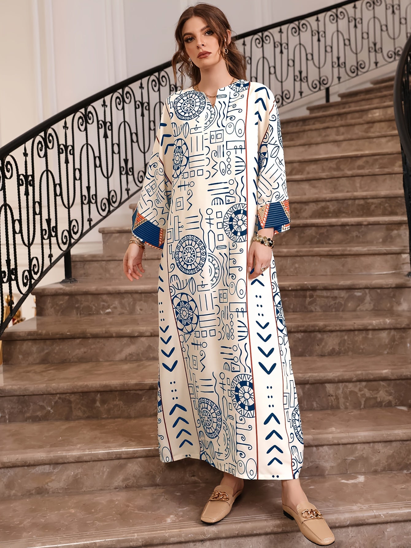 Allover Print Long Sleeve Kaftan Dress, /MH