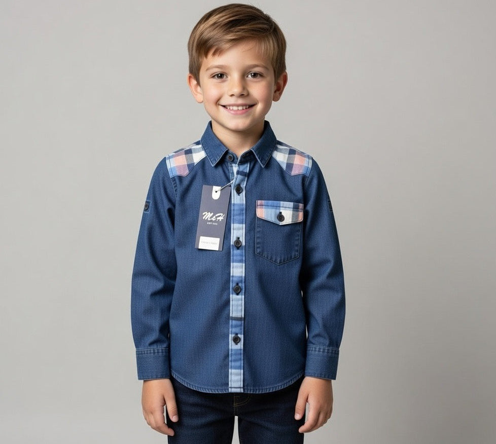 Boys Navy Blue Cotton Long Sleeve Shirt | Pink Plaid Contrast Yoke & Pocket | Ages 2–12 Years | MH