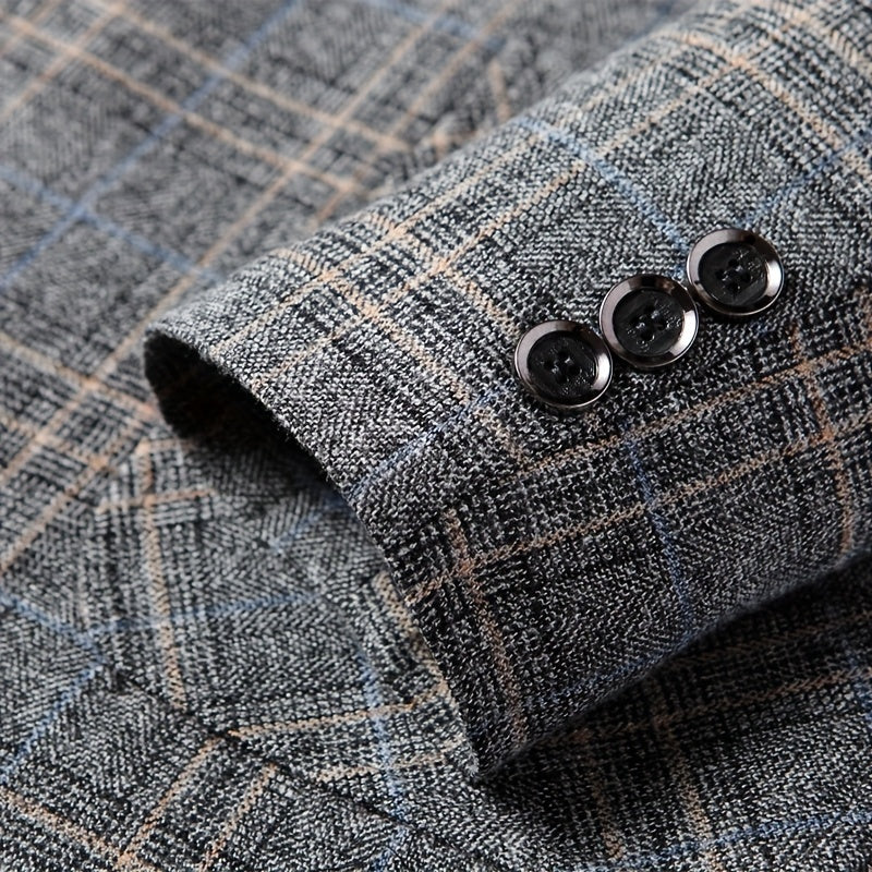Men'S Checked Pattern Blazer with Pockets - Formal Two-Button Lapel,