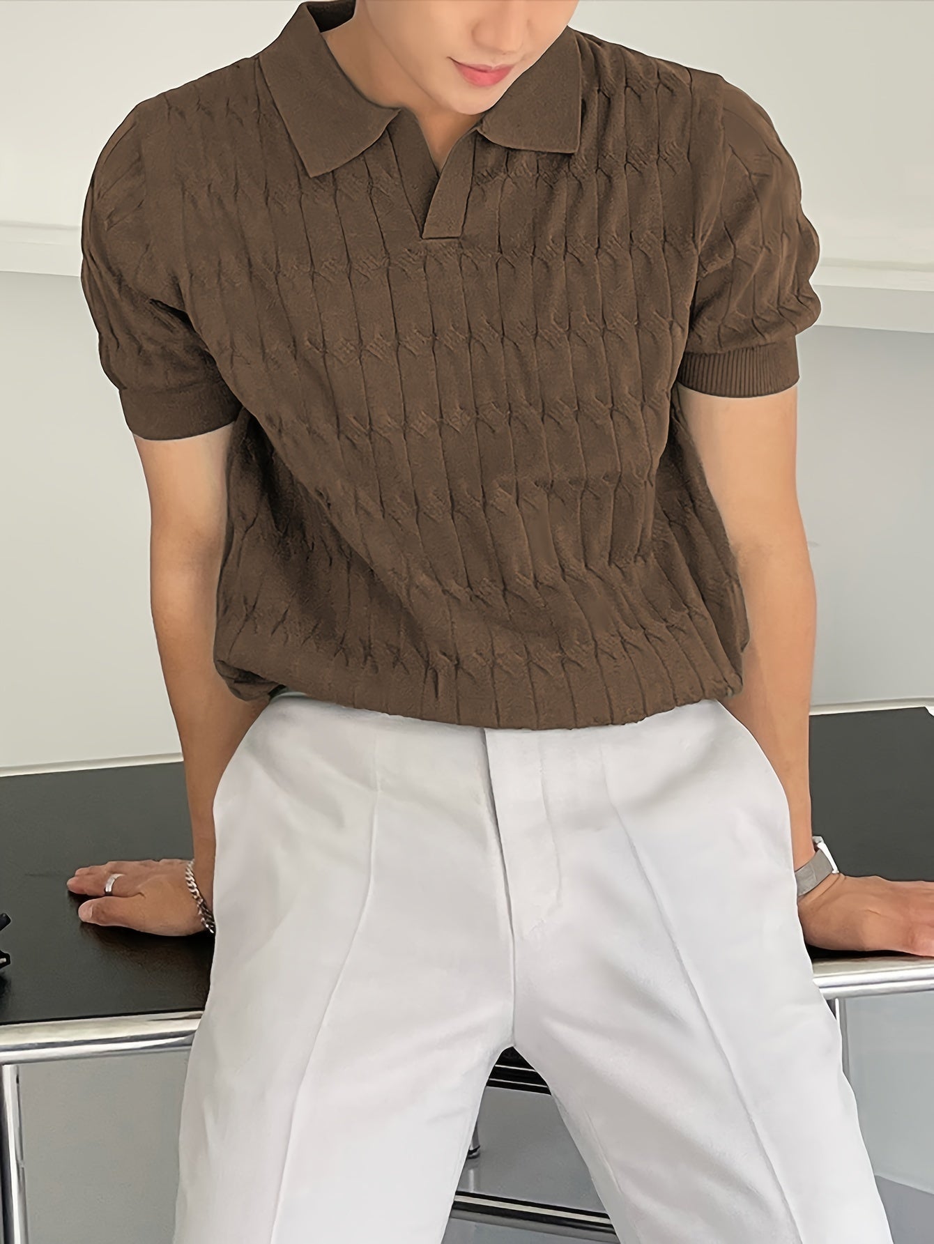 Chic Knit Shirt, Men's Casual Lapel Mid Stretch V-Neck Pullover Sweater