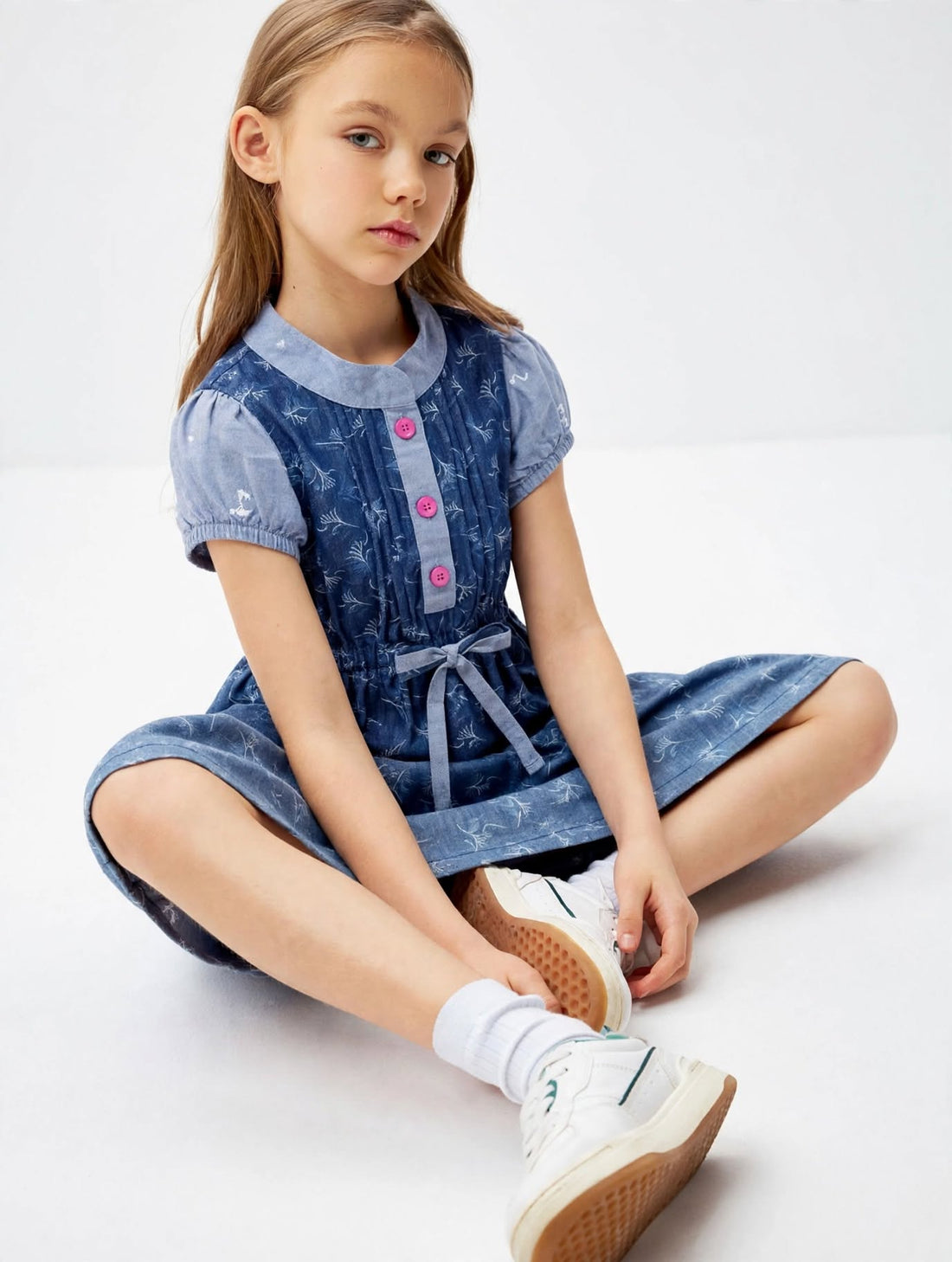 Elegant Floral Button-Front Girls Dress with Waist Tie Detail,Sizes(2-12Years) | MH