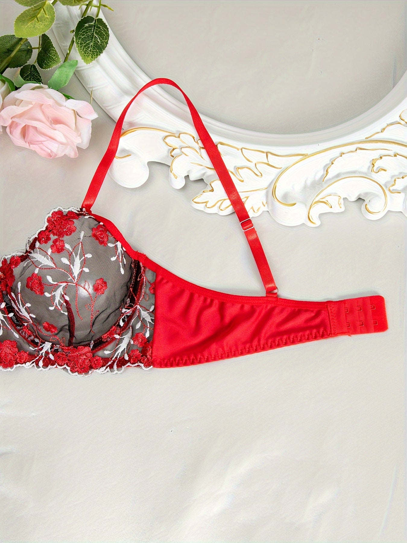 Red Floral Embroidered Lace Lingerie Set, Sexy Semi-Sheer Underwire Bra '/MH