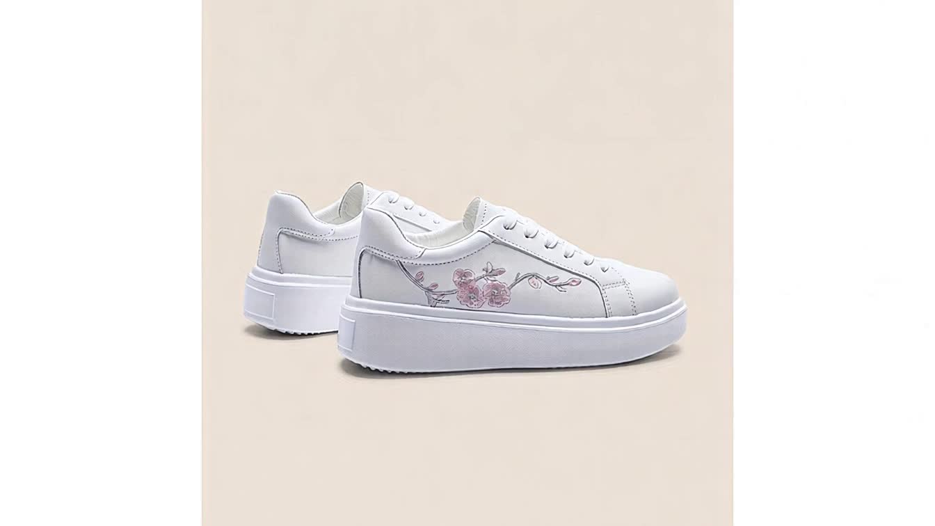 Women's White Low-Top Lace-Up Sneakers with Floral Embroidery,