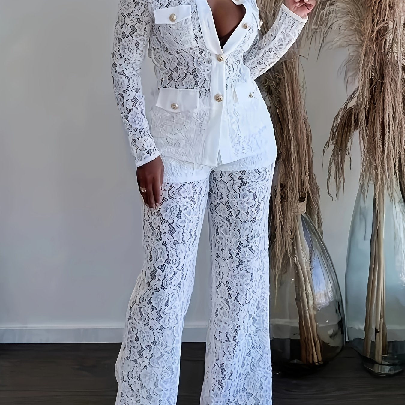 Elegant Solid Lace Pants Set, Single Breasted Flap Pockets Blazer.