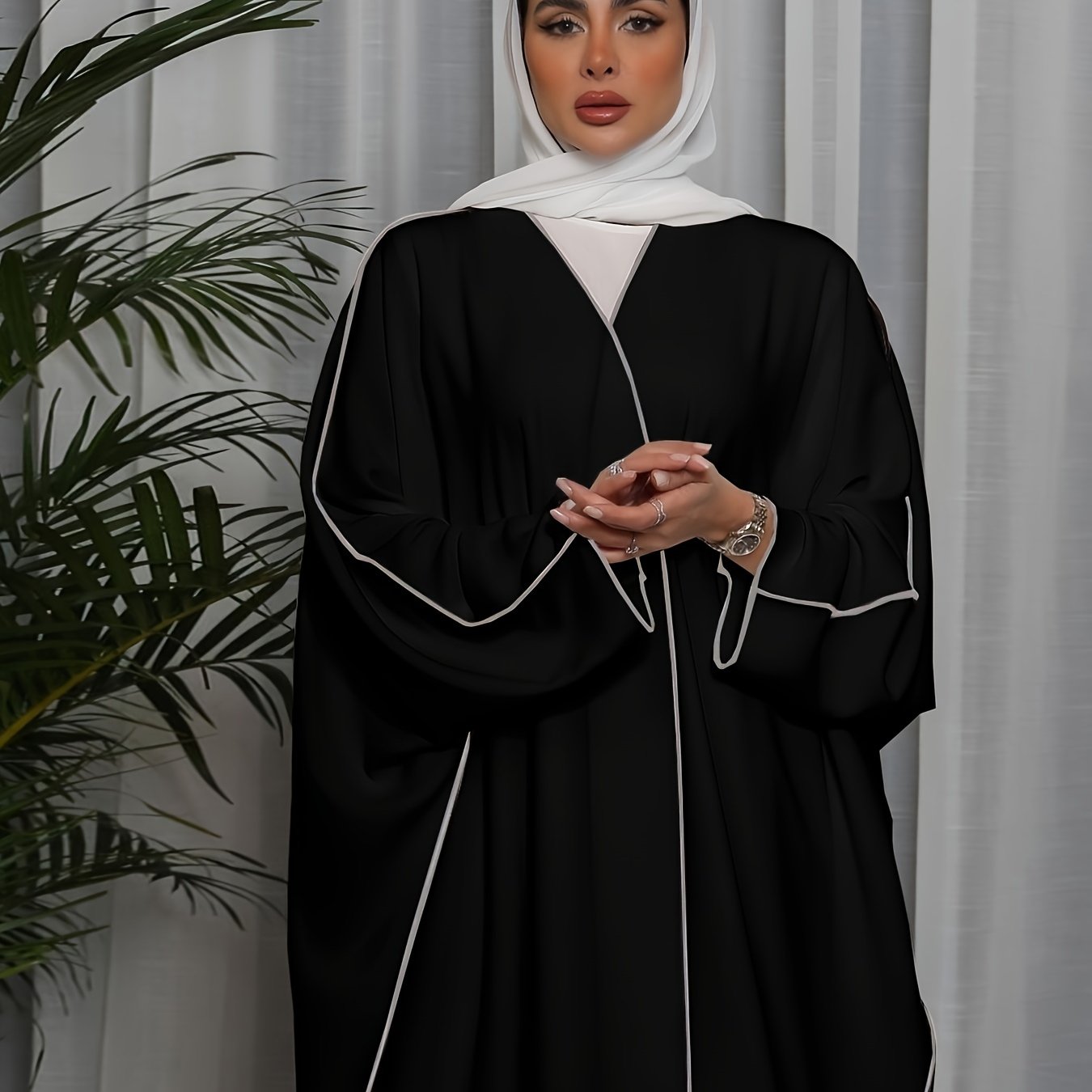 Solid Crew Neck Long Sleeve Kaftan Dress, /MH