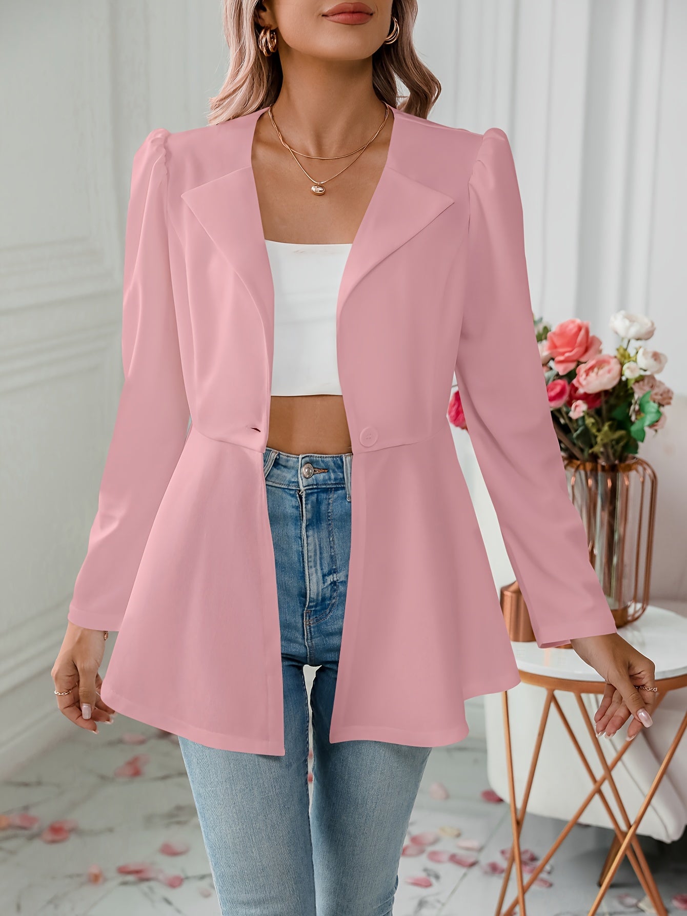 Notched Collar Flare Blazer, Elegant Long Sleeve Button Front Coat,