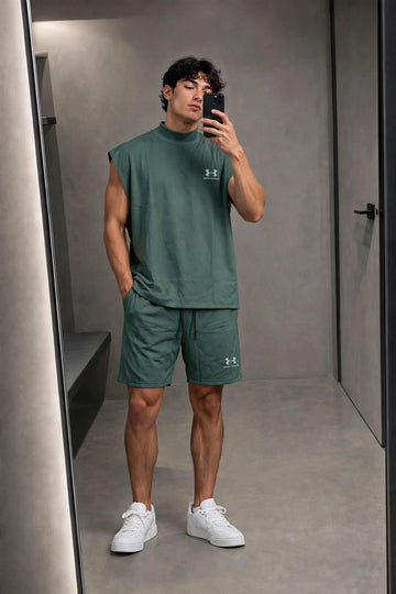 Men's 2-Piece Gym Set - Sleeveless Mock Neck Tank Top and Athletic Shorts Co-Ord in Sage Green