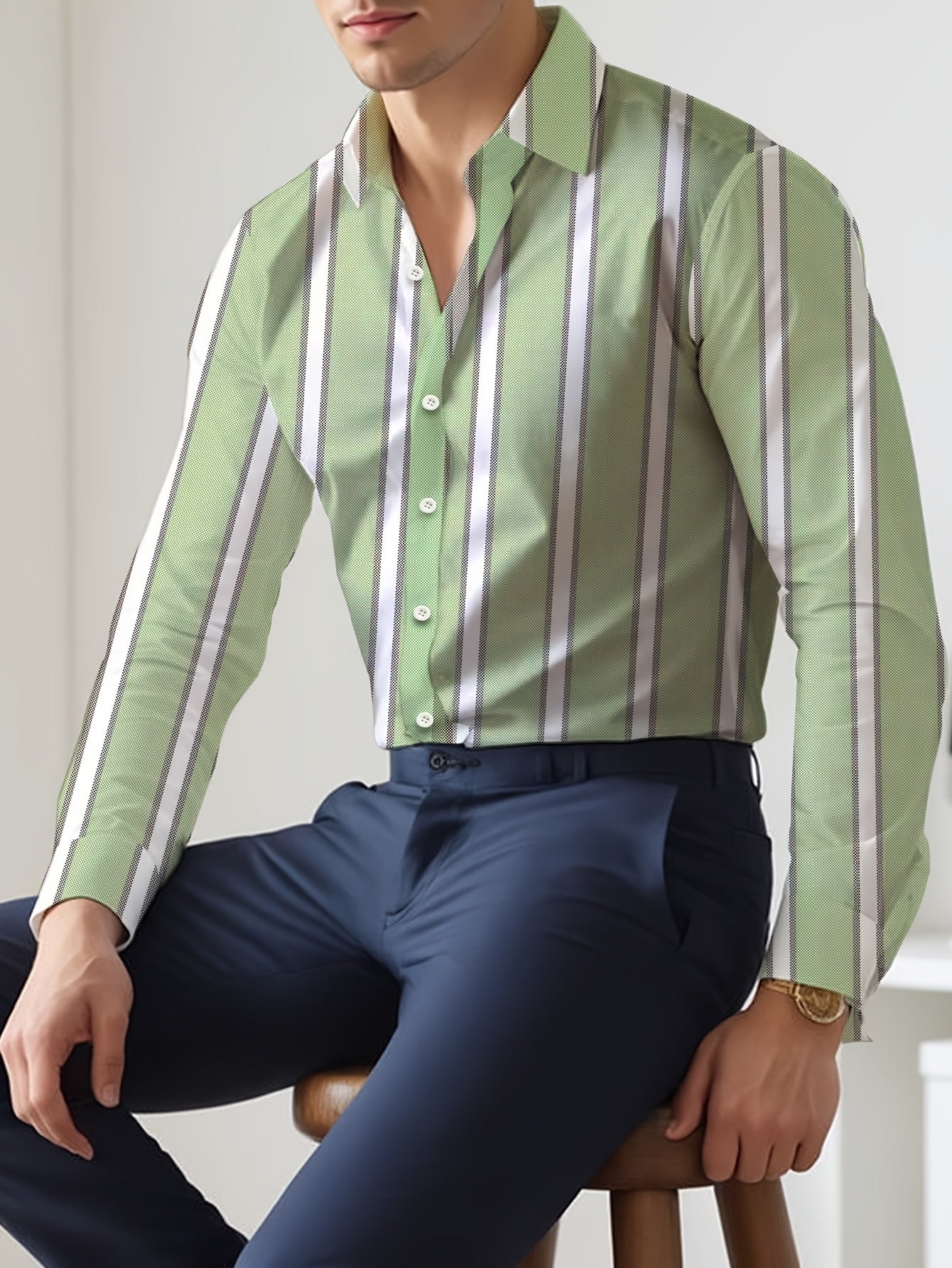 Men's Striped Lapel Collar Dress Shirts, Long Sleeve .