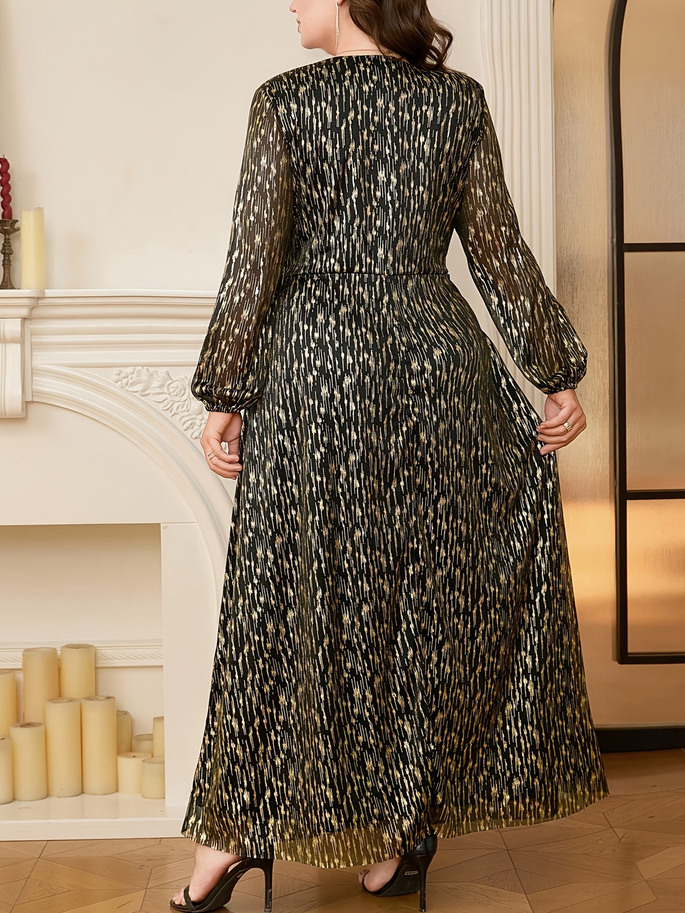 [Elegant Maxi Dress] Plus Size Elegant Maxi Dress | Long Sleeve V-./MH