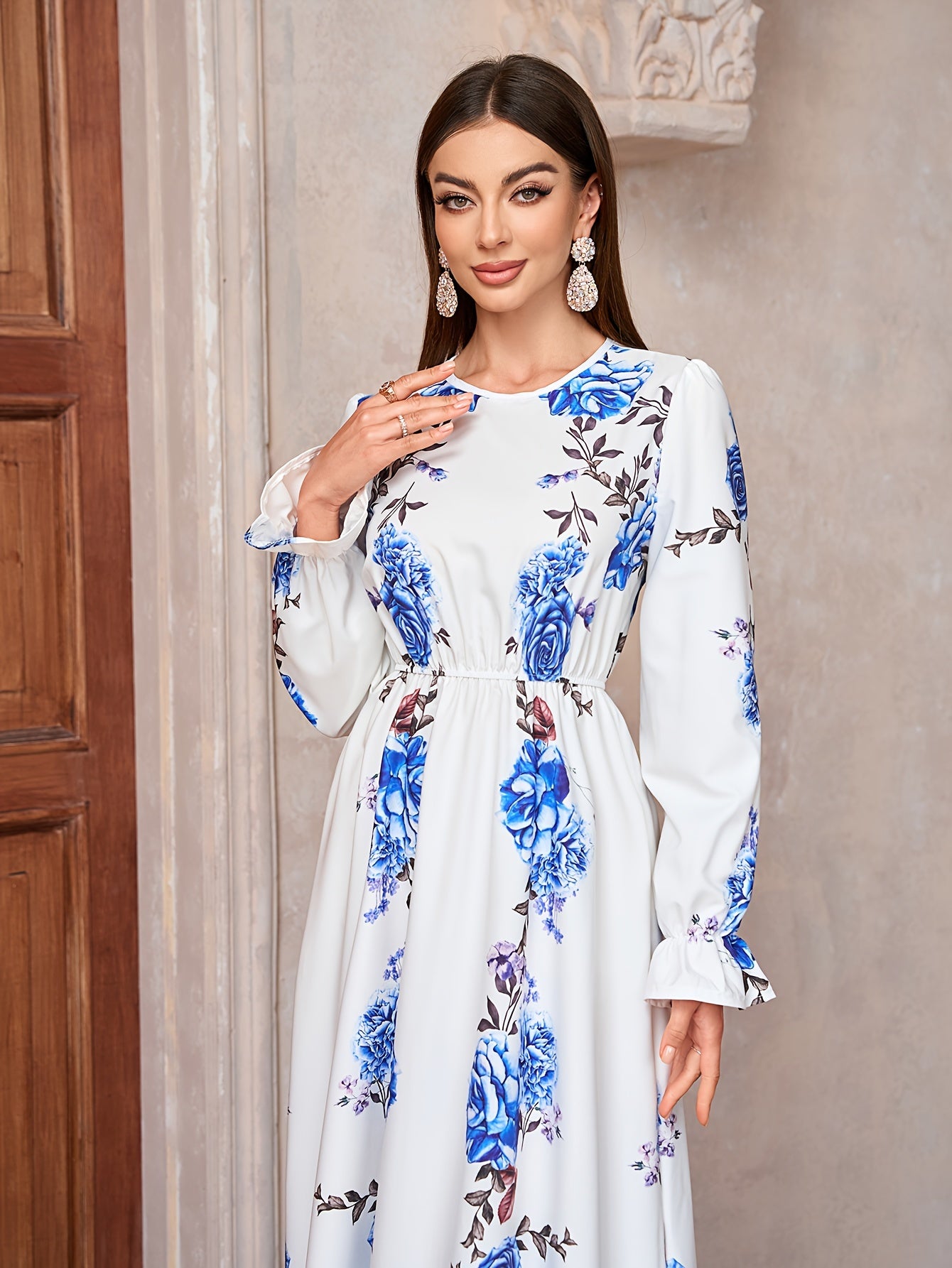 Floral Print Crew Neck Kaftan Dress, Elegant women fashion'/MH