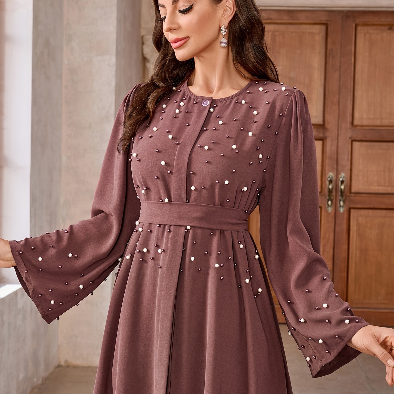 Elegant Navy Blue Abaya with Pearl Embellishments and Belt -/MH