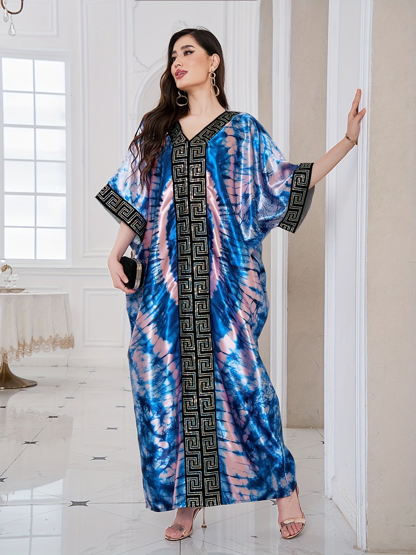 Abstract Print Greek Pattern Kaftan Dress, Elegant Half Sleeve'/MH