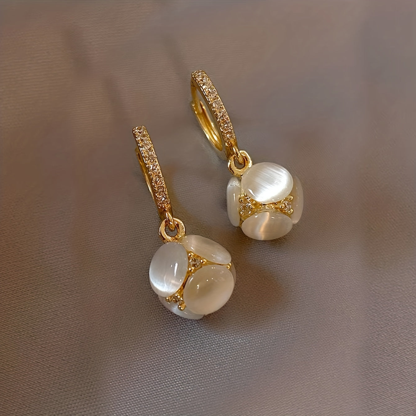 Exquisite Ball Design Moonstone Inlaid Dangle Earrings Elegant Luxury Style Copper Jewelry Delicate Female Gift