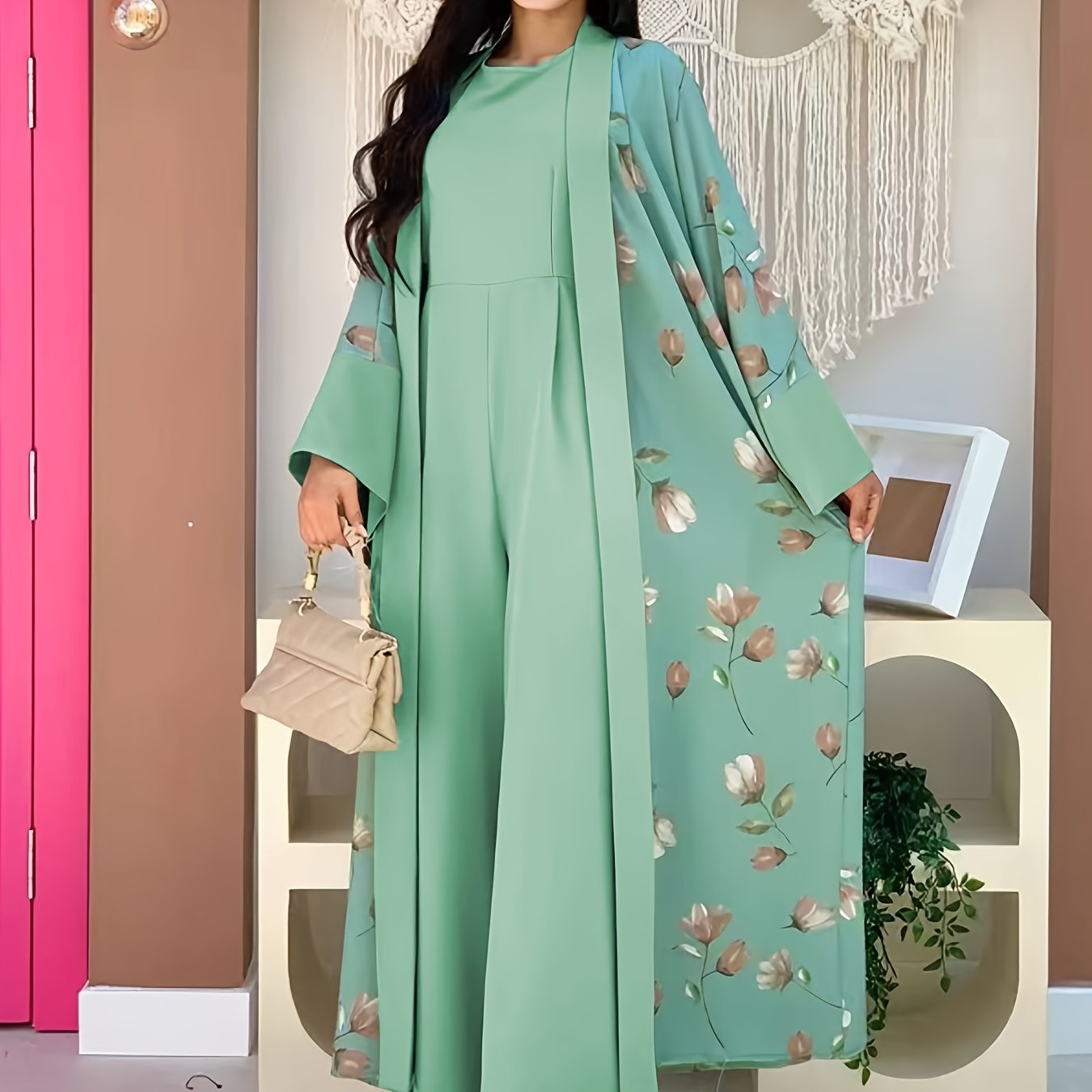 Ethnic Modest Dress Set Without Hijab, Floral Print Long Length leeveless , /MH