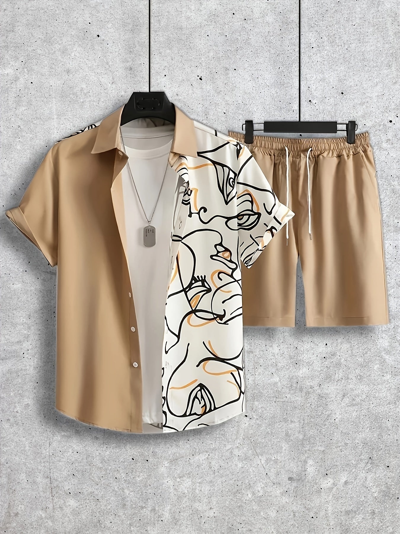 Abstract Painting Print, Men's 2Pcs Outfits, Casual Camp Collar Lapel Button Up.