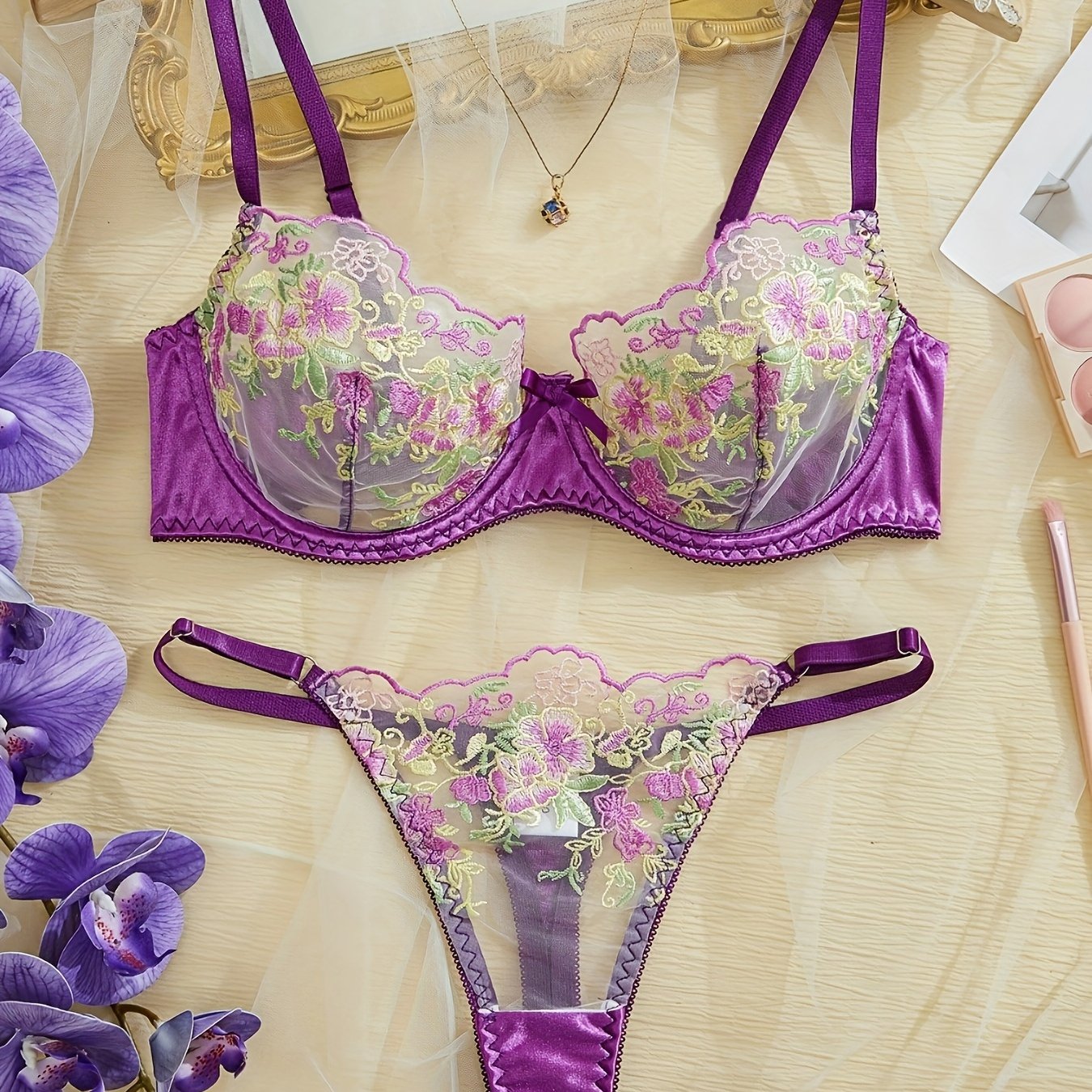 Sexy Floral Embroidery Semi Sheer Bra & Panty, /MH