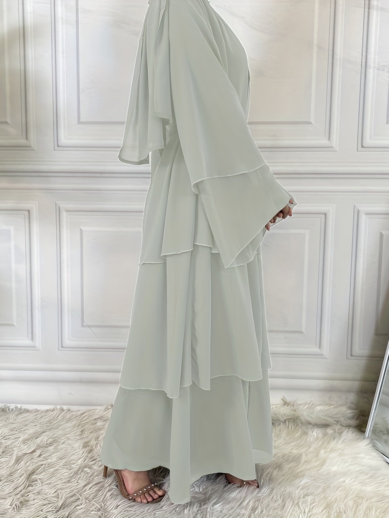 Layered Open Front Modest Dress, Long Sleeve Muslim Dress'/MH