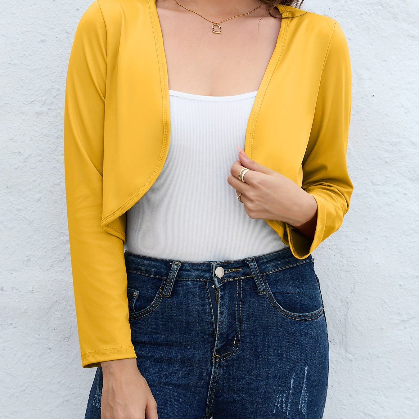 Solid Open Front Blazer, Casual Long Sleeve Crop Blazer For Work,