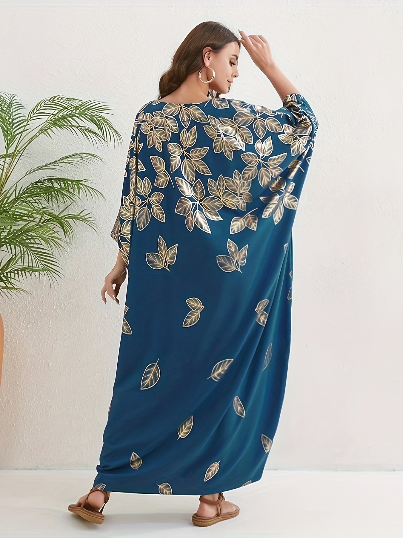 Leaf Print Crew Neck Kaftan, Elegant Batwing Sleeve'/MH