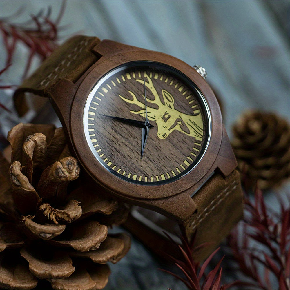 Unique Black Walnut Deer Head Mens Watch, Christmas, Halloween Gift