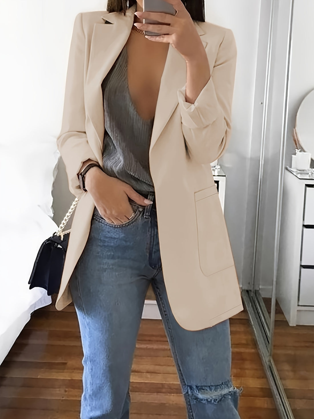Solid Open Front Blazer, Elegant Lapel Long Sleeve Blazer.