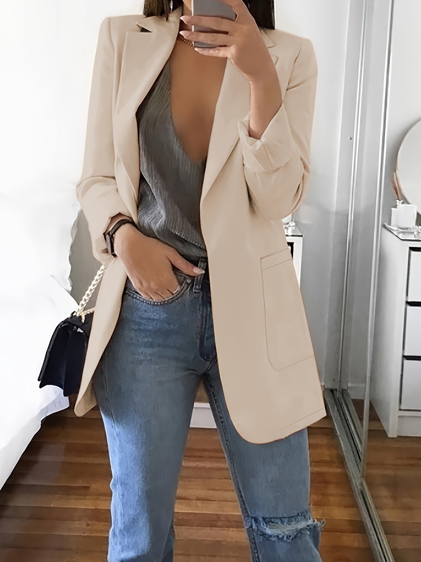 Solid Open Front Blazer, Elegant Lapel Long Sleeve Blazer.