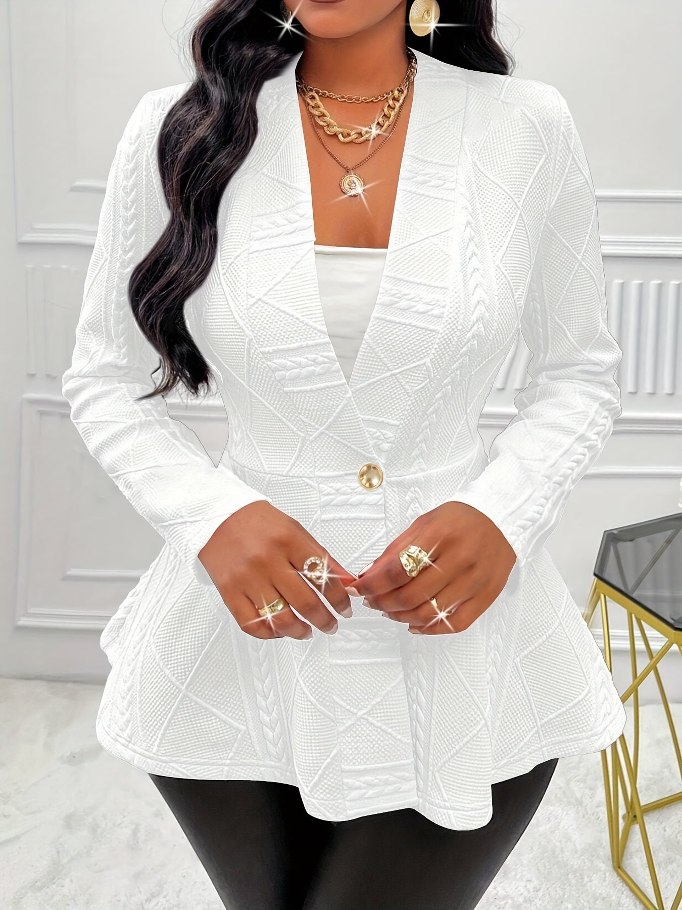 Solid Textured Single Button Waist Blazer, Elegant Long Sleeve .