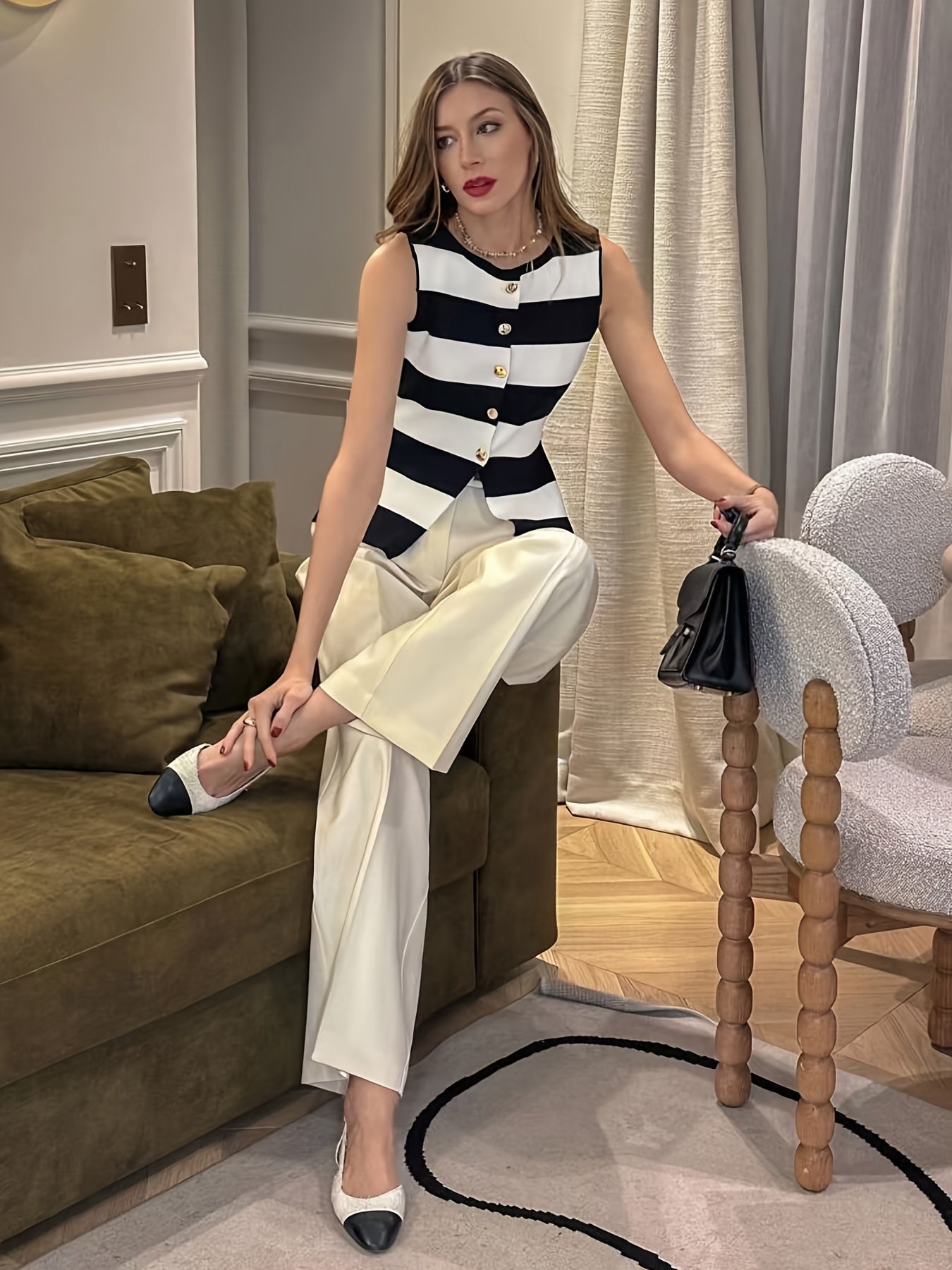 Women'S Navy & White Horizontal Stripe Button-Front Cardigan .