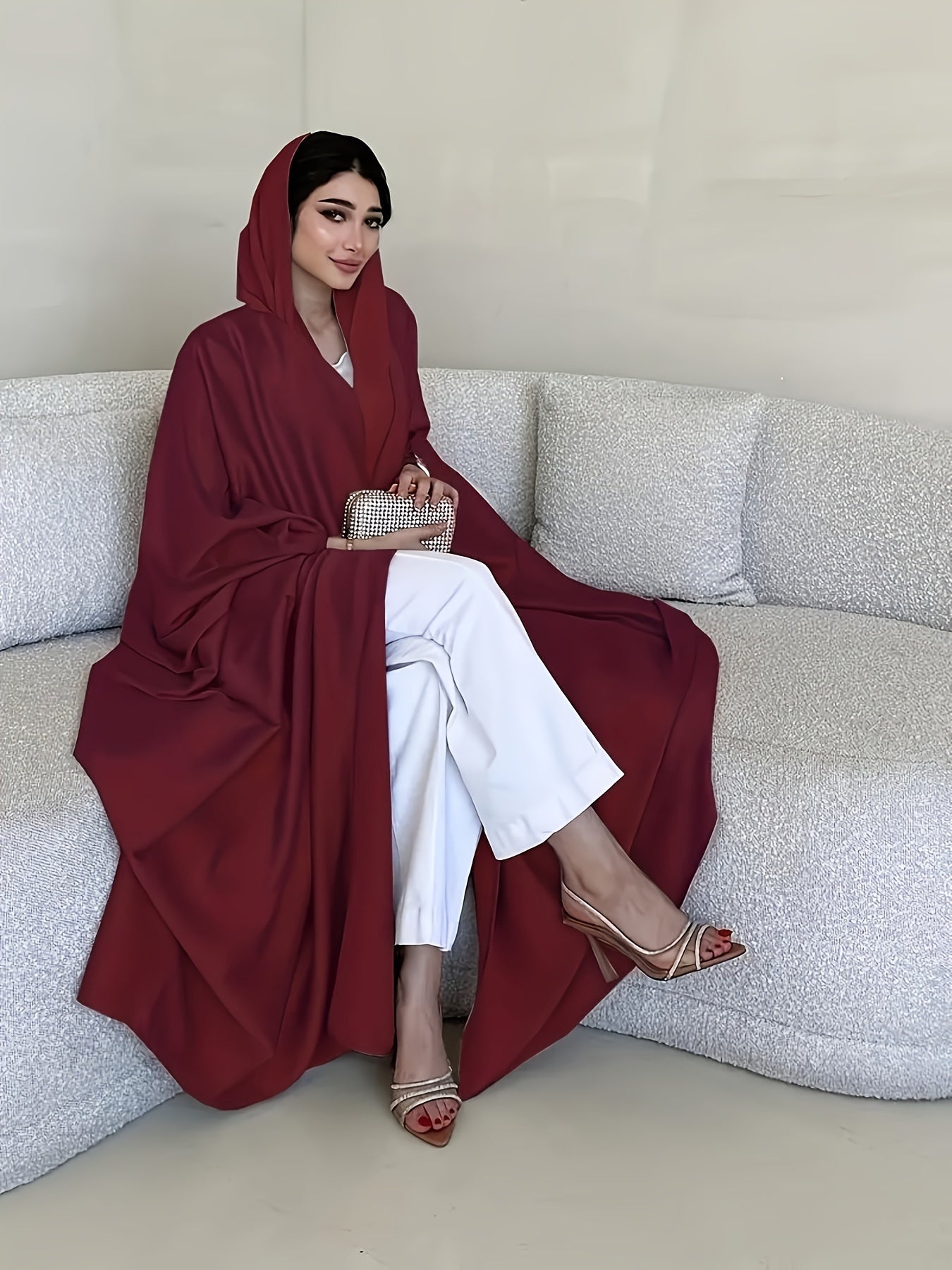 Open Front Hoodie Kaftan Dress, Elegant Long Batwing Sleeve Non-Stretch '/MH