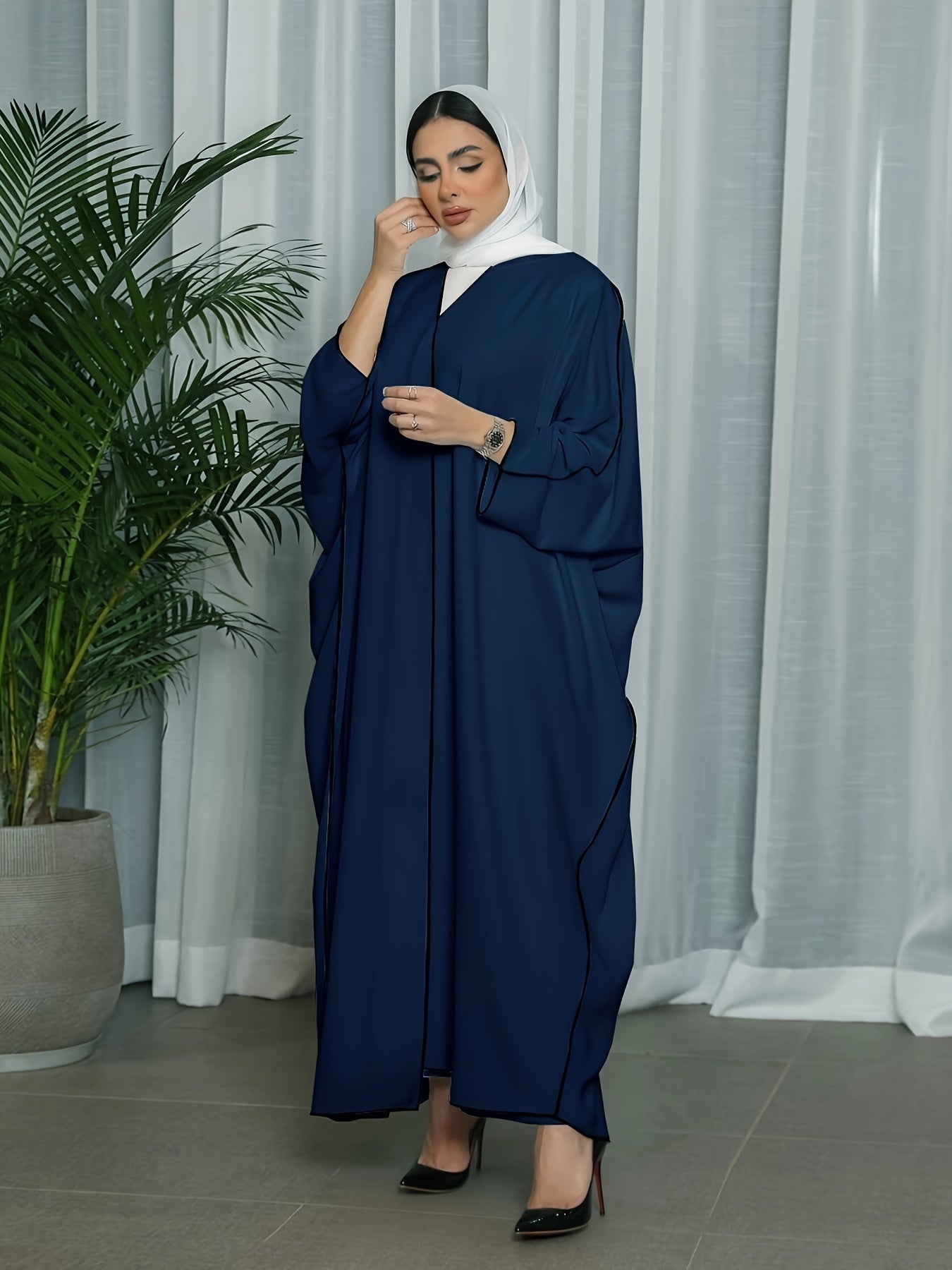 Solid Crew Neck Long Sleeve Kaftan Dress, /MH