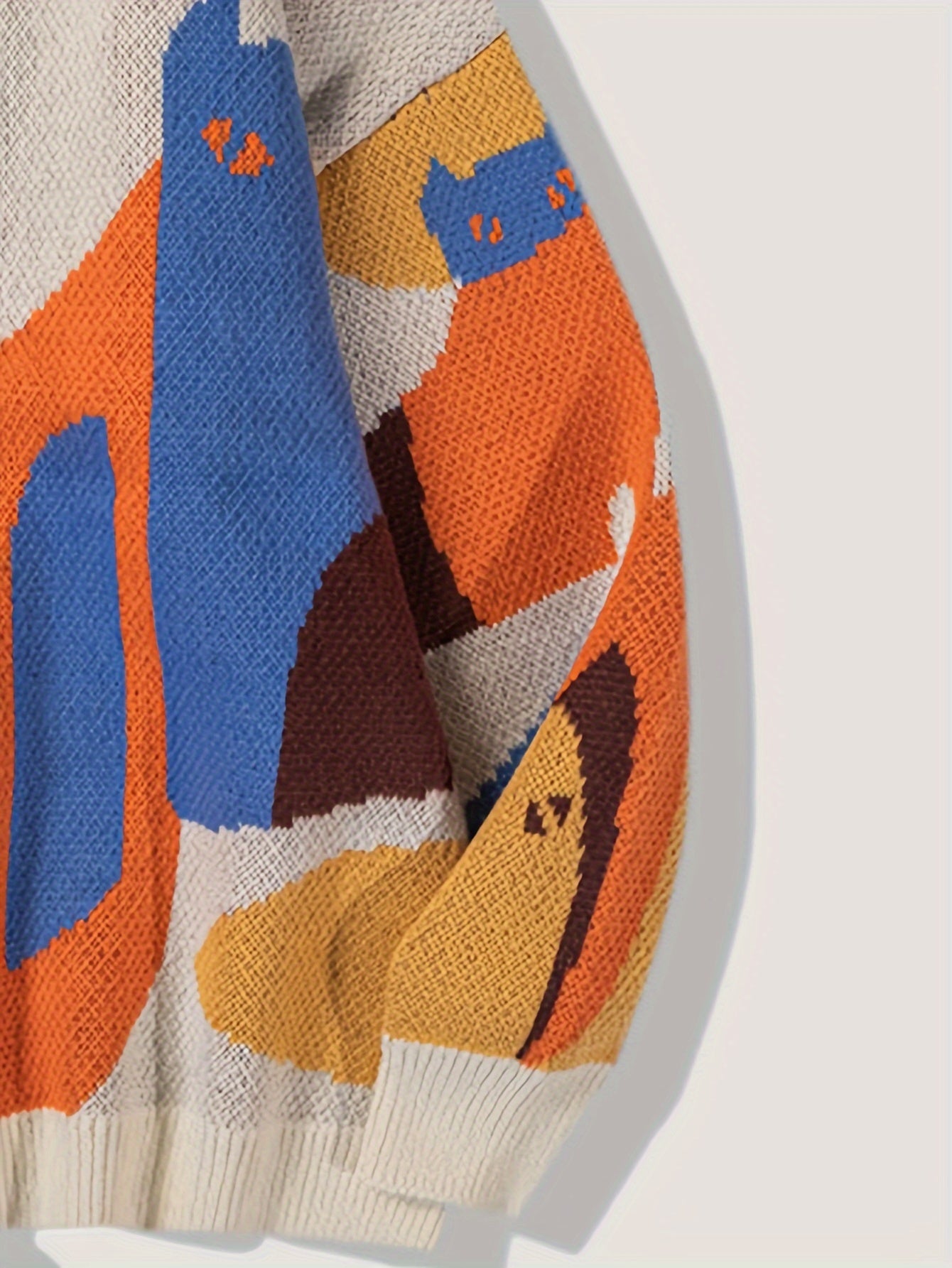 Cute Cat Pattern Knitted Sweater, Men's Casual Warm Mid Stretch .