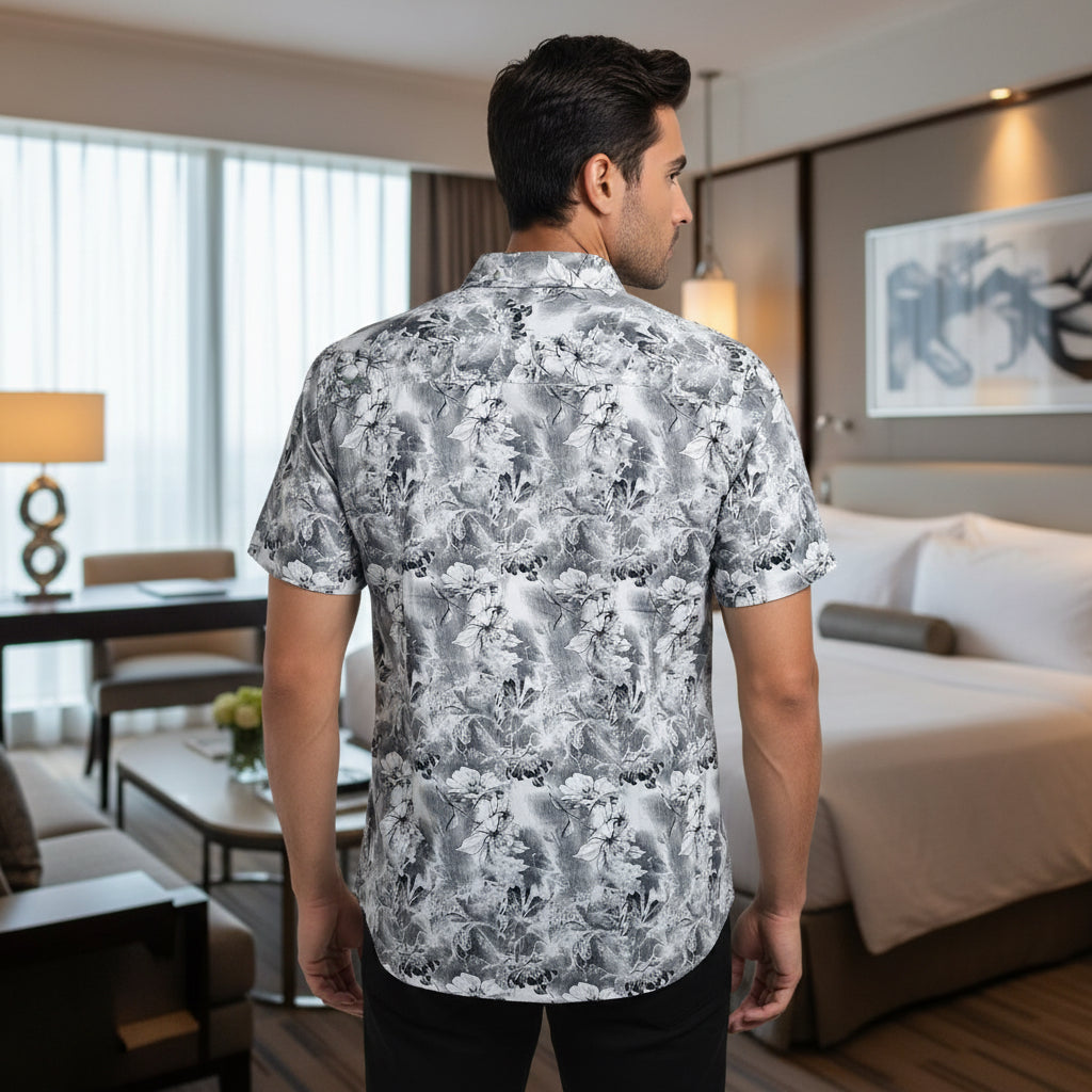 Men's Sky Blue & Navy Tropical Print Shirt | Breathable Summer Cotton (Sizes S-XL) | MH