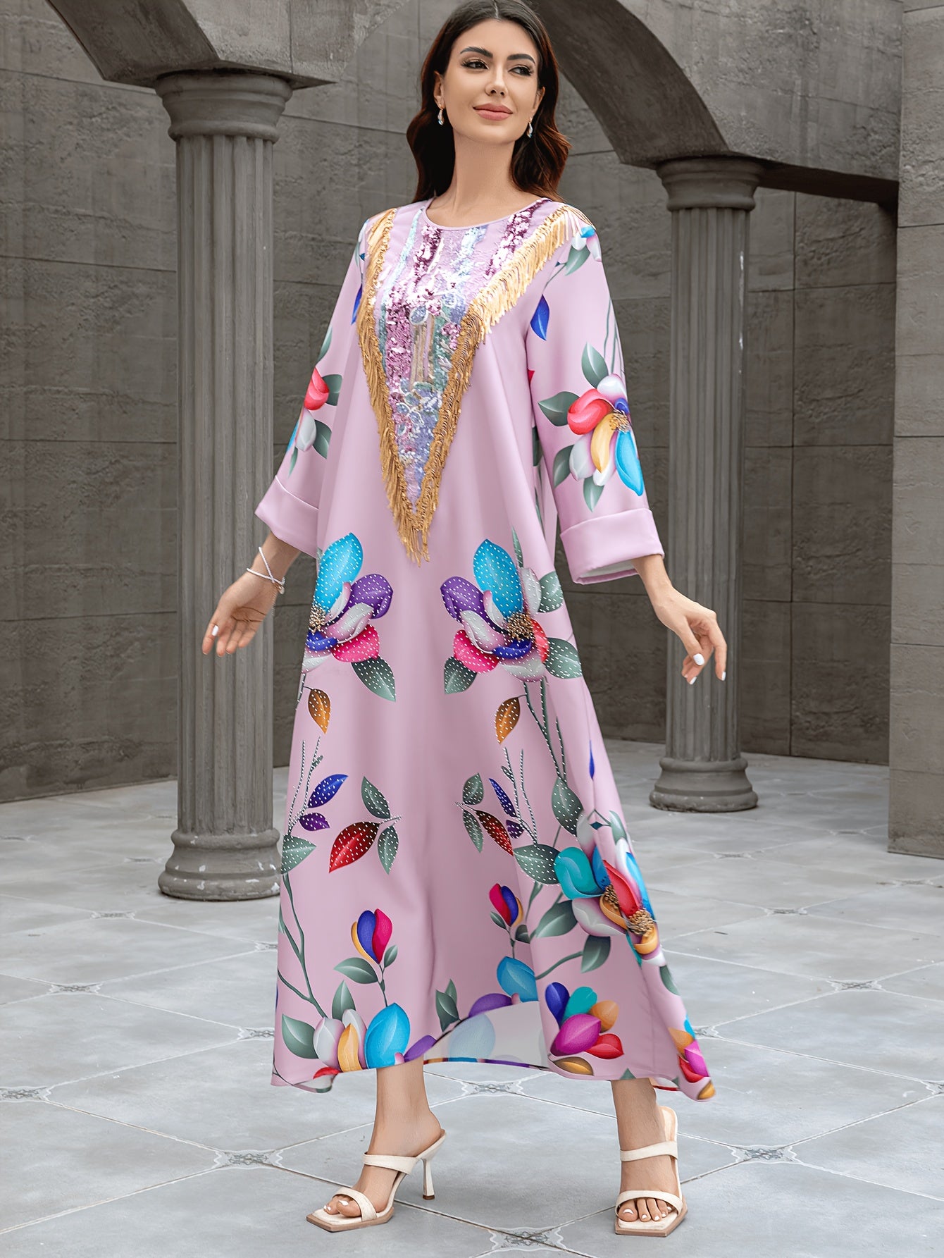 1pc Elegant Floral Abaya Dress for Women, Long Sleeve '/MH