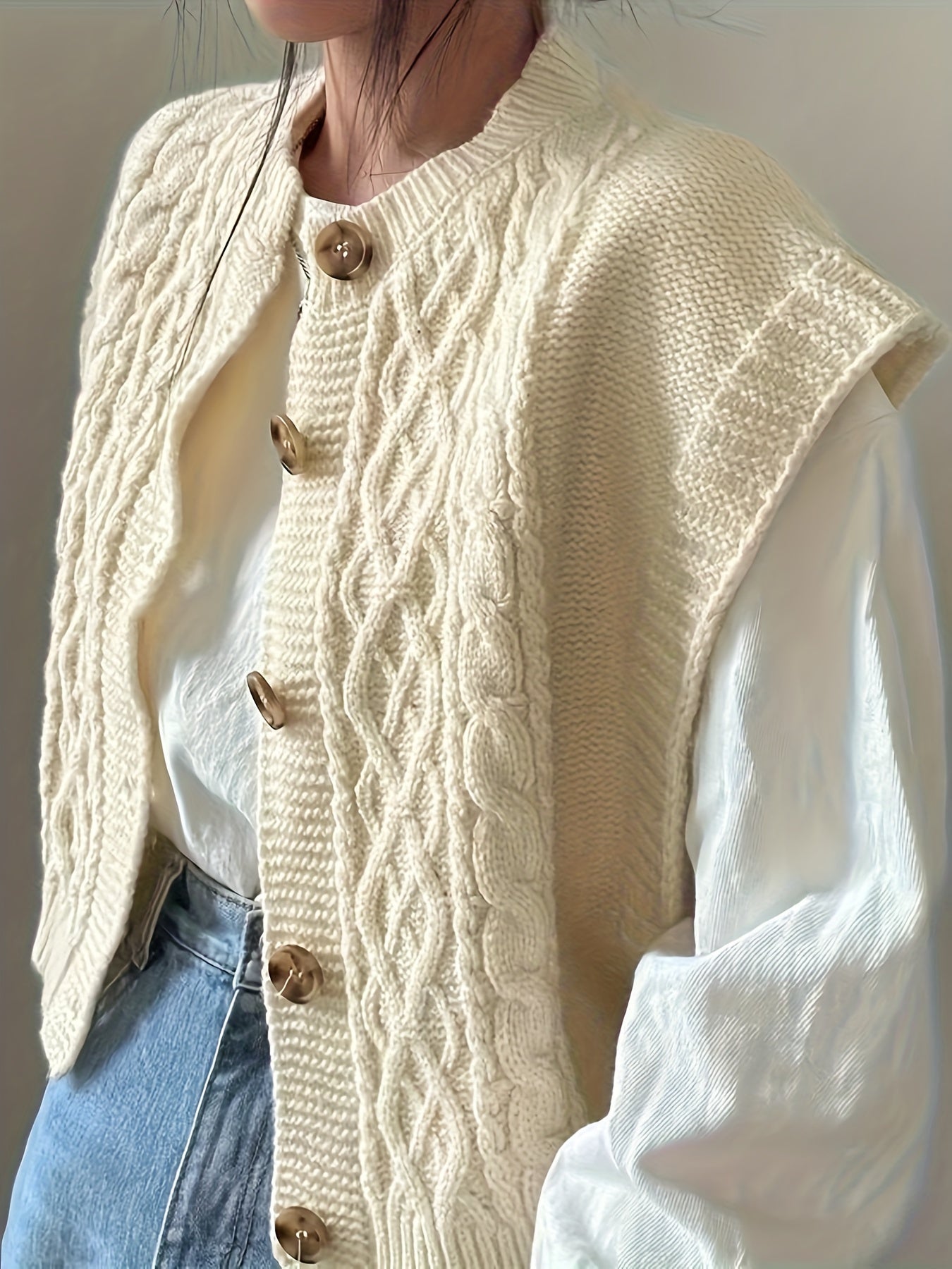 Front Knitted Vest Sweater, Casual Crew Neck Sleeveless Sweater.