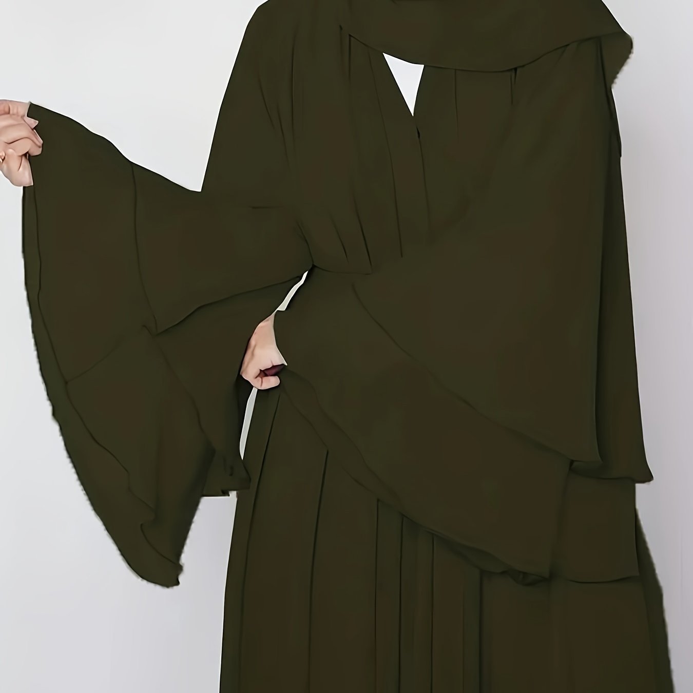 Solid Color Tie Waist Modest Dress, Elegant Layered Hem Maxi '/MH
