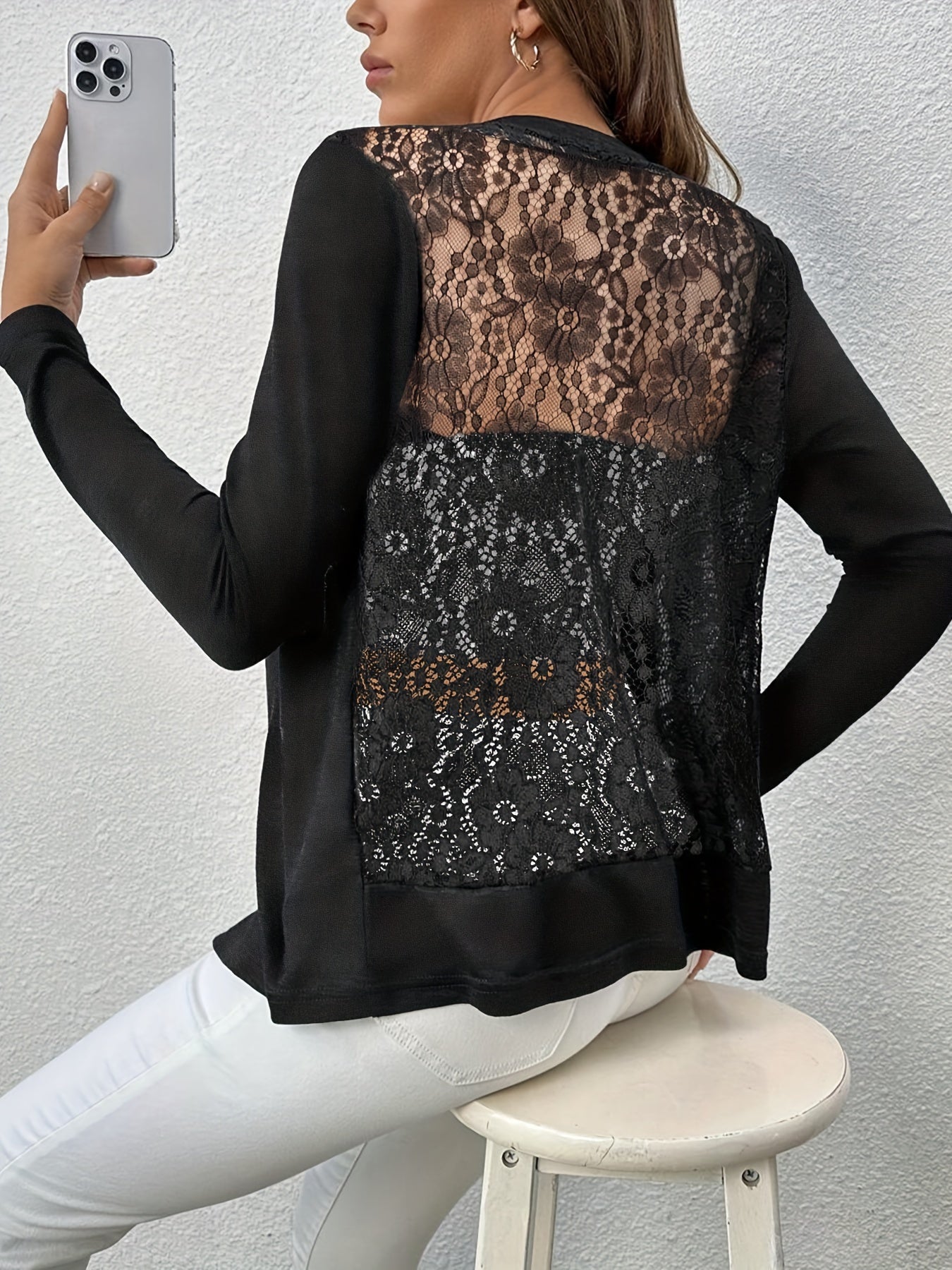 Contrast Lace Open Front Blazer, Elegant Solid Long Sleeve .